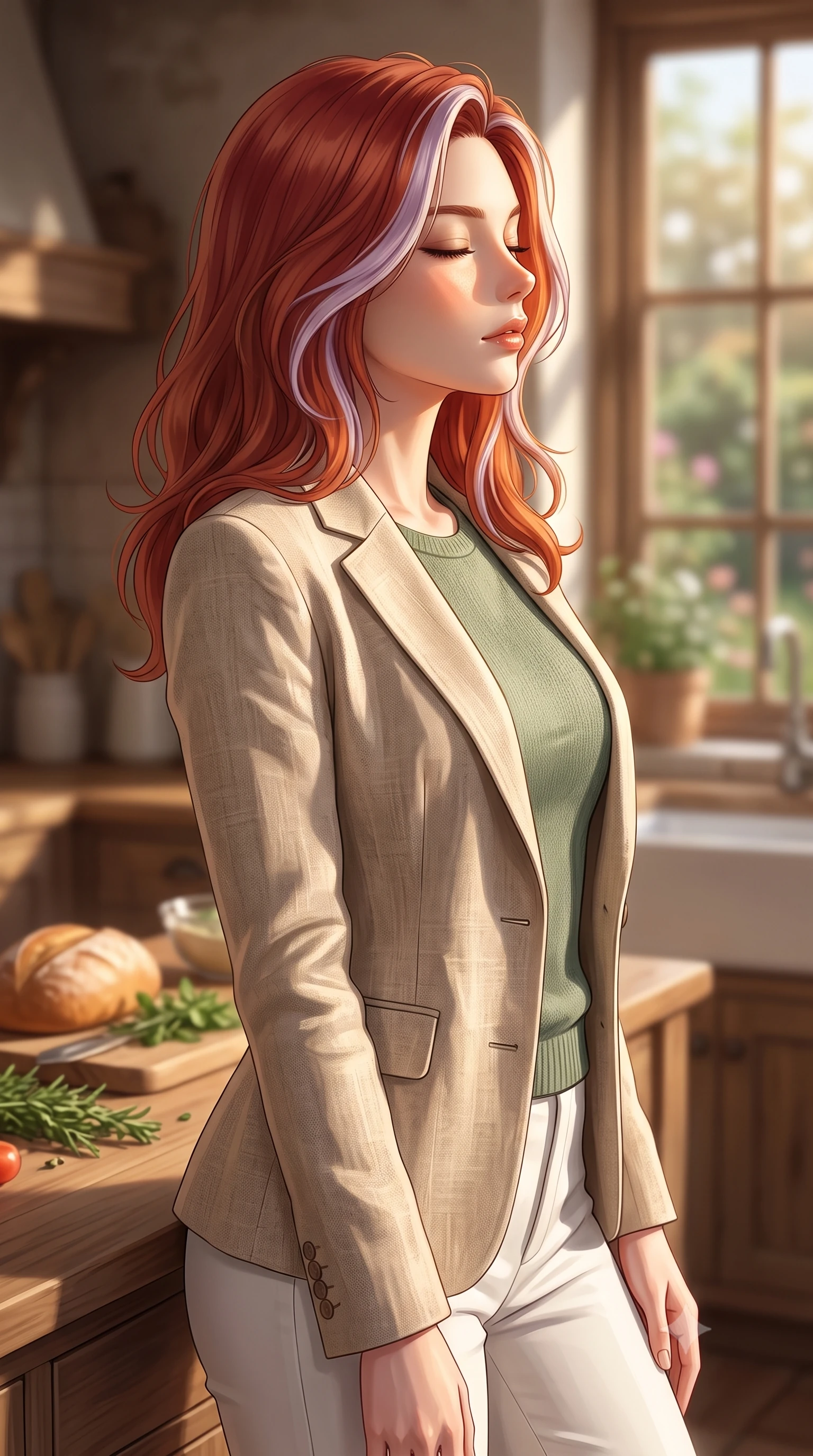 score_9, masterpiece, best quality, ultra-detailed, high-budget anime keyframe, editorial fashion photography, tasteful artistic composition, Caucasian woman woman. close-up cowboy shot from the waist and thighs up, the character dominates the composition, filling the frame with her large presence, background elements kept in soft focus. turning her face in profile to catch the warm sunlight on her cheek, eyes softly closed the background shows a soft-focus a rustic kitchen with wooden countertops, fresh ingredients, and a window overlooking a garden. She has an exceptionally elegant, slender, and willowy female figure with an ultra-slim waist, a gracefully sculpted slender torso, and a refined silhouette. sharp v-shaped jawline, high-bridge nose, intricate jewel-like eyes with depth, thick eyelashes, glossy lips with a natural sheen. wearing a form-contouring tailored beige linen blazer over a sage green knit top and white trousers. warm morning sunlight highlighting the kitchen counter and casting soft shadows. 2k, ultra detail, master piece, 9:16 ratio