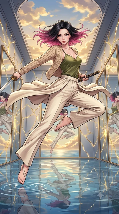 score_9, masterpiece, best quality, ultra-detailed, high-budget anime keyframe, clean line-art, cel-shading, Korean woman. low angle full-body shot from head to toe showing her feet, filling the entire 9:16 vertical frame with her statuesque presence