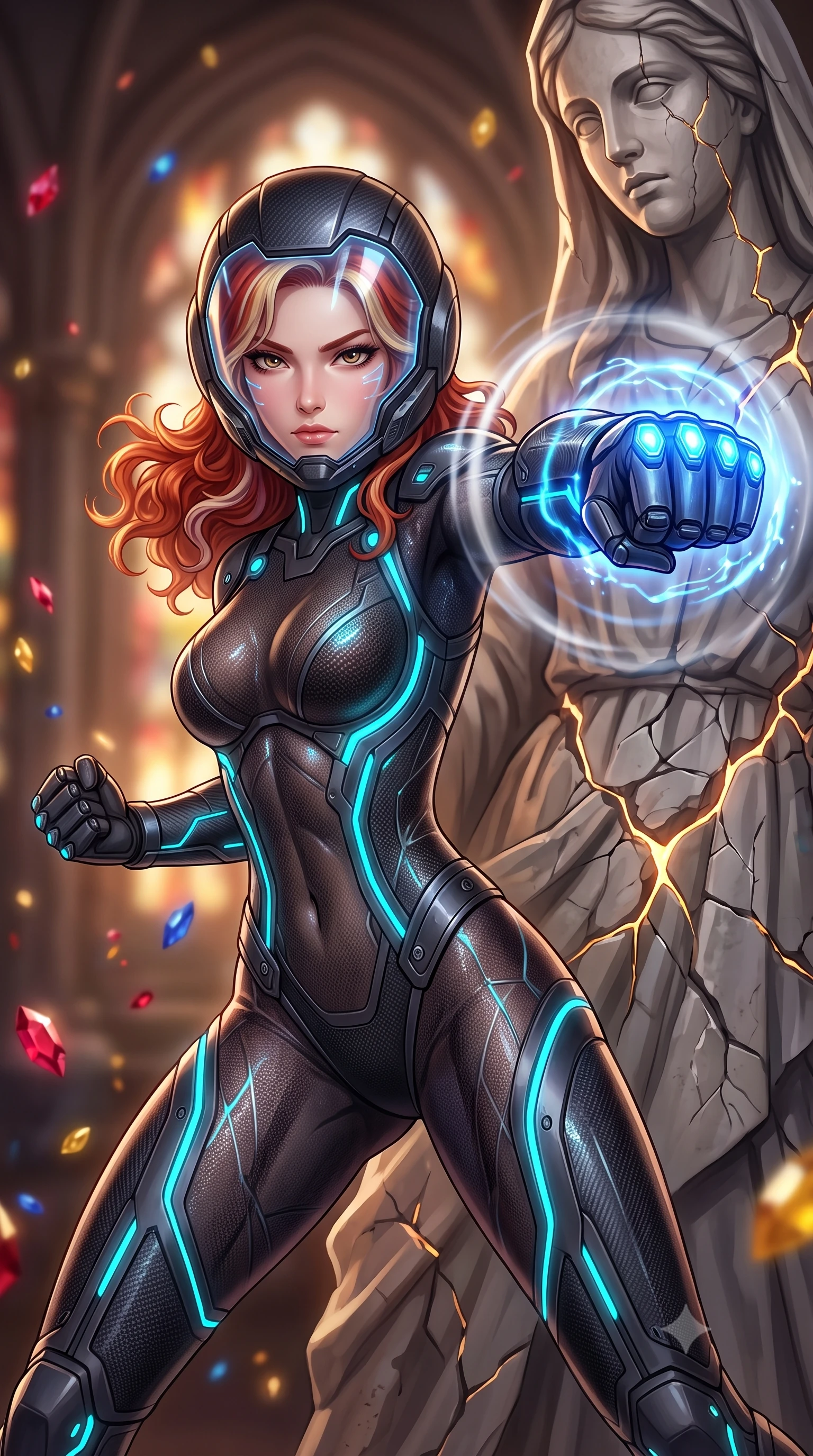 score_9, masterpiece, best quality, ultra-detailed, high-budget anime keyframe, semi-realistic 3D game render, editorial fashion photography, tasteful artistic composition, Caucasian woman. close-up cowboy shot from the waist and thighs up, the character dominates the composition, filling the frame with her large presence. thrusting a high-speed kinetic punch toward the camera, a visible conical shockwave distortion wrapping around her armored forearm while pivoting dynamically beside a colossal fractured saint statue, her kinetic knuckle dampers glowing with intense blue energy. The composition keeps background elements in soft focus with creamy bokeh. burning cathedral arches and scattered stained-glass jewel fragments blurred into rich ruby, sapphire, and gold bokeh. She has an exceptionally elegant, slender, and willowy female figure with an ultra-slim waist, a gracefully sculpted slender torso, toned flat midriff, and a refined slim silhouette. sharp v-shaped jawline, high-bridge nose, intricate jewel-like eyes with depth, thick eyelashes, glossy lips with a natural sheen, fierce and resolute heroine expression, flawlessly proportioned anatomical accuracy, strict slender model proportions, natural body alignment, perfectly sculpted long slender limbs, ultra-slim waistline, clean dynamic posture without body distortion. wearing an open-face aerodynamic carbon-fiber combat helmet with a retracted transparent holographic HUD visor framing her sharp jawline and jewel-like eyes, paired with a skin-tight dark carbon-weave combat bodysuit with glowing neon energy conduits and reinforced Damascus-pattern forearm strike guards in matte battle-worn obsidian carbon with electric cyan hazard conduits, crafted from semi-translucent cybernetic carbon-vinyl interwoven with glowing micro-filaments, finished with high-mobility flexible armor articulation seams and miniature magnetic locks, the form-contouring material adhering flawlessly to her sculpted flat midriff and slender torso, emphasizing her long leg lines and perfectly proportioned willowy build. surrounded by an awe-inspiring, tragic, and radiantly unbreakable warrior goddess aura. rich saturated anime colors with glowing neon highlights, detailed shading with soft gradients, rich glossy textures, high-contrast stereoscopic depth, volumetric dynamic lighting, master piece, 9:16 ratio