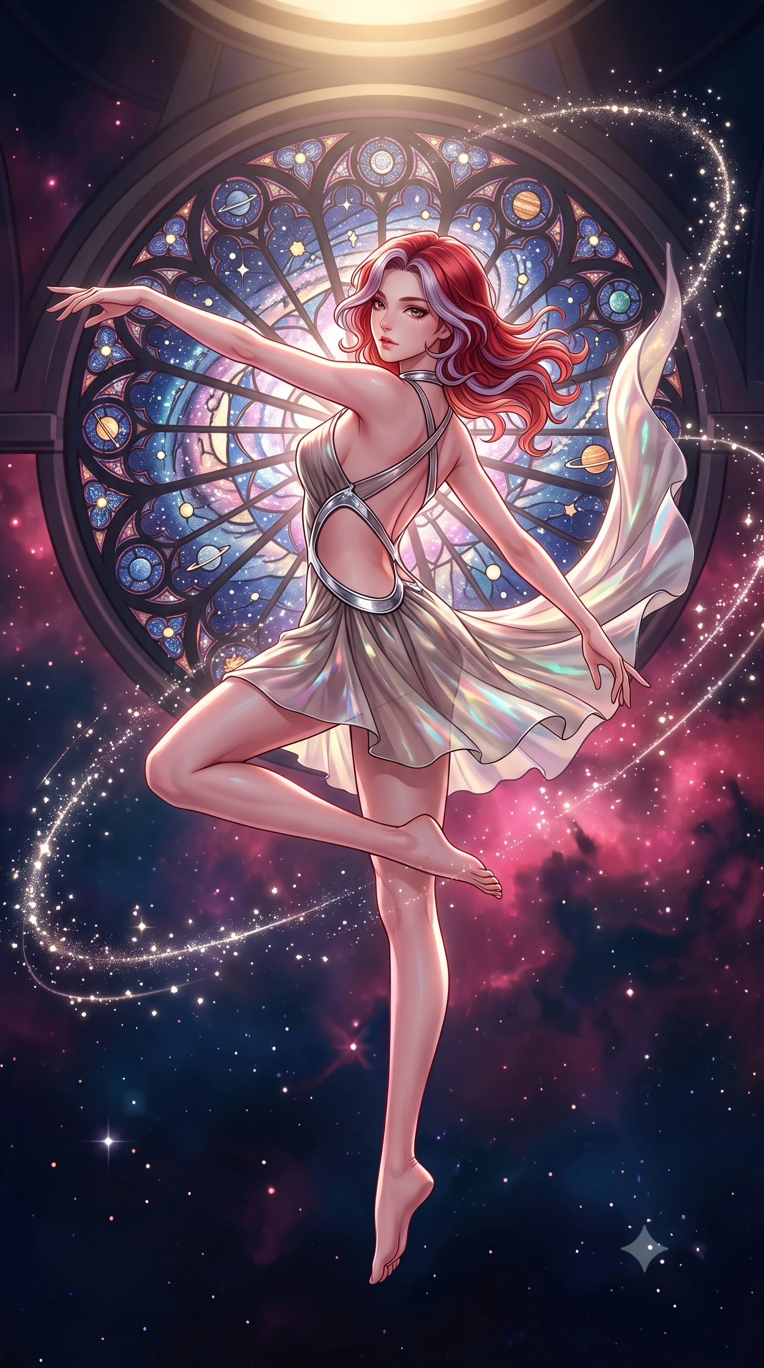 score_9, masterpiece, best quality, ultra-detailed, high-budget anime keyframe, editorial fashion photography, tasteful artistic composition, Caucasian woman. low angle full-body shot from head to toe showing her feet, filling the entire 9:16 vertical frame with her statuesque presence, stretching her vertical silhouette. performing an athletic mid-air rotation with flawless poise, her vertical silhouette beautifully stretched while performing a mid-air rotation in front of a giant stained glass rose window in space, floating starlight dust drifting around her in dynamic orbital paths. She has an absolutely perfect, statuesque 8.5-heads proportion, an exceptionally tall and slender model-like female figure with impossibly long slender legs and an ultra-slim waist. sharp v-shaped jawline, high-bridge nose, intricate jewel-like eyes with depth, thick eyelashes, glossy lips with a natural sheen, flawlessly proportioned anatomical accuracy, natural body alignment, perfectly sculpted elegant limbs, clean dynamic posture without body distortion. wearing a dramatic open-waist cutout mini dress framed by sculptural hardware in muted taupe and soft ivory, crafted from iridescent chiffon that shifts colors in the light, complemented by criss-cross back straps highlighting her bare shoulders, the sleek second-skin texture accentuating her magnetic presence. bathed in dramatic cosmic pink and navy nebula backlighting with gold key light. highly saturated vibrant anime colors, detailed shading with soft gradients, rich glossy textures, high-contrast stereoscopic depth, volumetric dynamic lighting, master piece, 9:16 ratio
