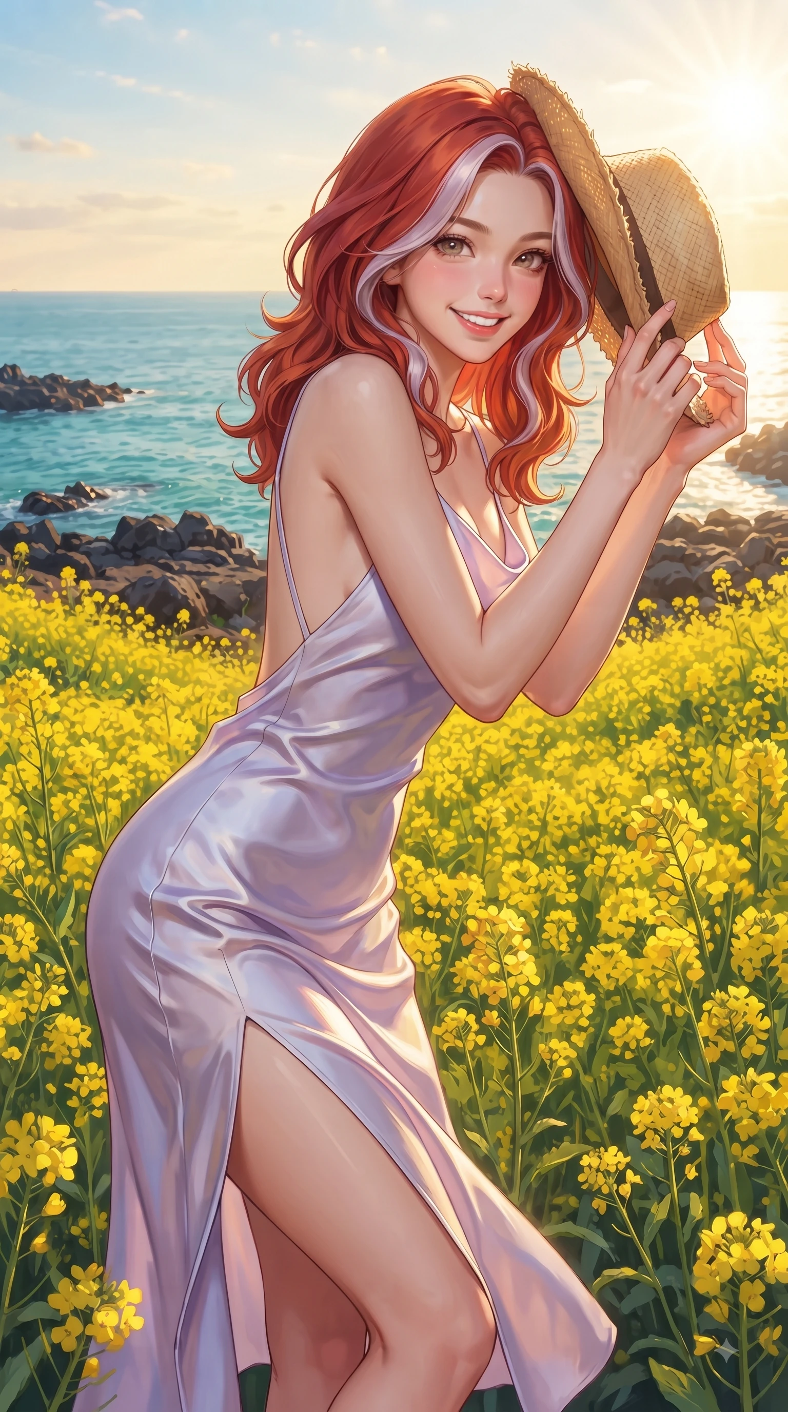 score_9, masterpiece, best quality, ultra-detailed, high-budget anime keyframe, editorial fashion photography, tasteful artistic composition, Caucasian woman. close-up cowboy shot from the waist and thighs up, the character dominates the composition, filling the frame with her large presence. Cheerful beaming smile with sparkling eyes and a fresh girlhood aura, leaning forward with playful grace while holding her straw hat lightly against the fresh sea breeze while smiling at the camera. The surrounding environment is rendered in vivid detail and crisp panoramic clarity. blooming yellow canola flower fields, basalt sea rocks, and turquoise ocean water in deep focus. She has an exceptionally elegant, slender, and willowy female figure with an ultra-slim waist, a gracefully sculpted slender torso, and a refined silhouette. sharp v-shaped jawline, high-bridge nose, intricate jewel-like eyes with depth, thick eyelashes, glossy lips with a natural sheen, flawlessly proportioned anatomical accuracy, natural body alignment, perfectly sculpted elegant limbs, clean dynamic posture without body distortion. wearing a precision-fitted liquid satin slip dress with fluid draped lines and an open back in soft lavender violet and pearl white, tailored from fine wool crepe with clean lines, featuring a sleek side leg slit ascending to mid-thigh, the glove-like fit emphasizing her statuesque silhouette during motion. illuminated by a glorious golden hour sunburst painting the sky in joyful amber and peach. ultra-reflective glossy finish, specular highlights, metallic sheen, high-contrast stereoscopic depth, volumetric dynamic lighting, 2k, ultra detail, master piece, 9:16 ratio