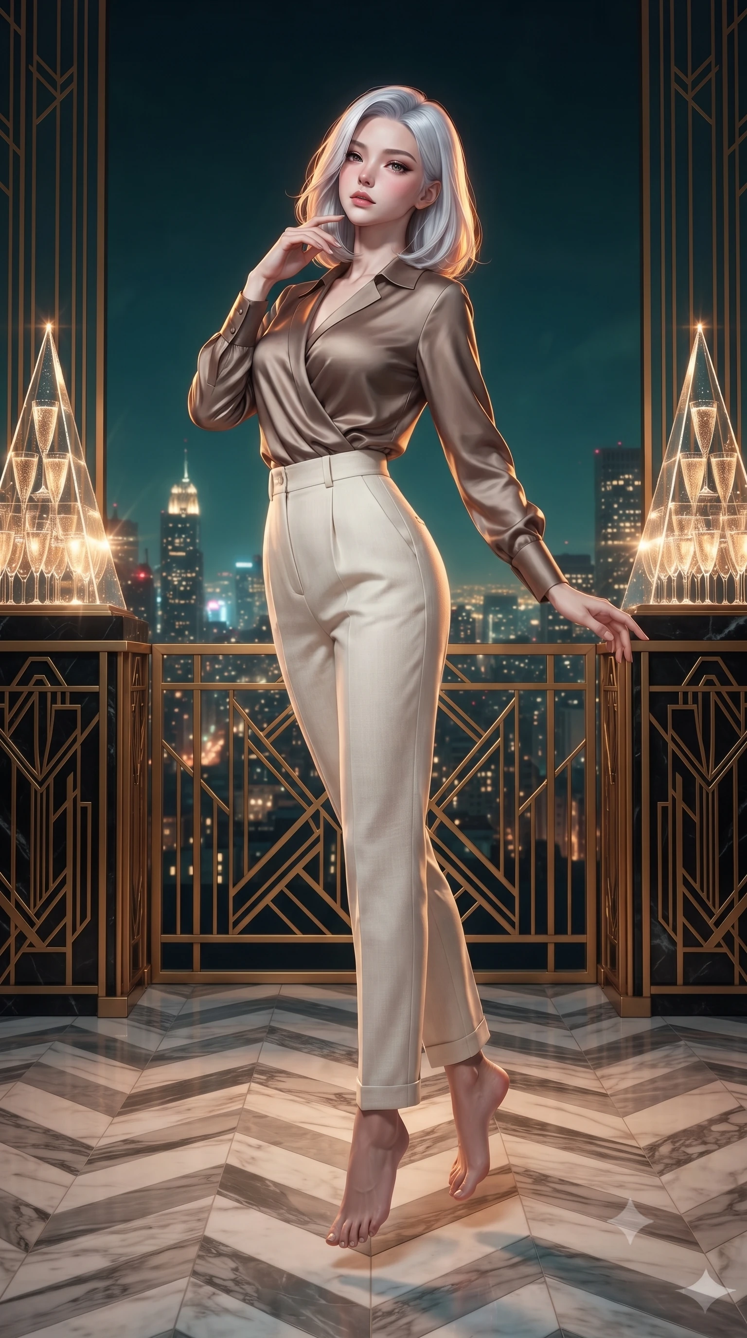 score_9, masterpiece, best quality, ultra-detailed, high-budget anime keyframe, editorial fashion photography, tasteful artistic composition, Korean woman. low angle full-body shot from head to toe showing her feet, filling the entire 9:16 vertical frame with her statuesque presence, stretching her vertical silhouette. floating with ethereal lightness within a glamorous 1920s art deco penthouse terrace with gold geometric railings chevron-patterned marble floors towering champagne glass pyramids and the glittering city skyline stretching beyond the balustrade. She has a statuesque 8.5-heads proportion, an exceptionally tall, slender and willowy model-like build with impossibly long legs and a highly sculpted ultra-slim waist. sharp v-shaped jawline, high-bridge nose, intricate jewel-like eyes with depth, thick eyelashes, glossy lips with a natural sheen. wearing a wrap-style silk blouse in a warm mocha shade, tucked into high-waisted ivory linen trousers. warm amber rim lighting combined with cool teal fill light creating dramatic contrast. 2k, ultra detail, master piece, 9:16 ratio