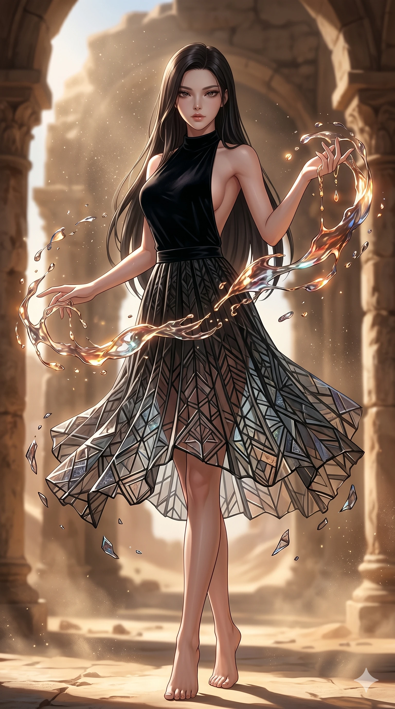 score_9, masterpiece, best quality, ultra-detailed, high-budget anime keyframe, Korean woman. low angle full-body shot filling the entire 9:16 frame with her statuesque presence, stretching the vertical silhouette. interacting with liquid stained-glass that melts and swirls in mid-air inside a crumbling desert ruin, the fluid jewelry floating in suspension. She has an absolutely perfect 8-heads proportion, an exceptionally tall and slender female figure with impossibly long slender legs and an ultra-slim waist. V-shaped jawline, high-bridge nose, intricate jewel-like eyes with depth, thick eyelashes, glossy lips with a natural sheen.. wearing a fractal glass pleated skirt and a backless black velvet halter neck top, creating a dramatic and elegant silhouette. illuminated by dramatic chiaroscuro casting soft shadows along her curves, with vibrant backlighting highlighting the dust particles. 2k, ultra detail, master piece, 9:16 ratio