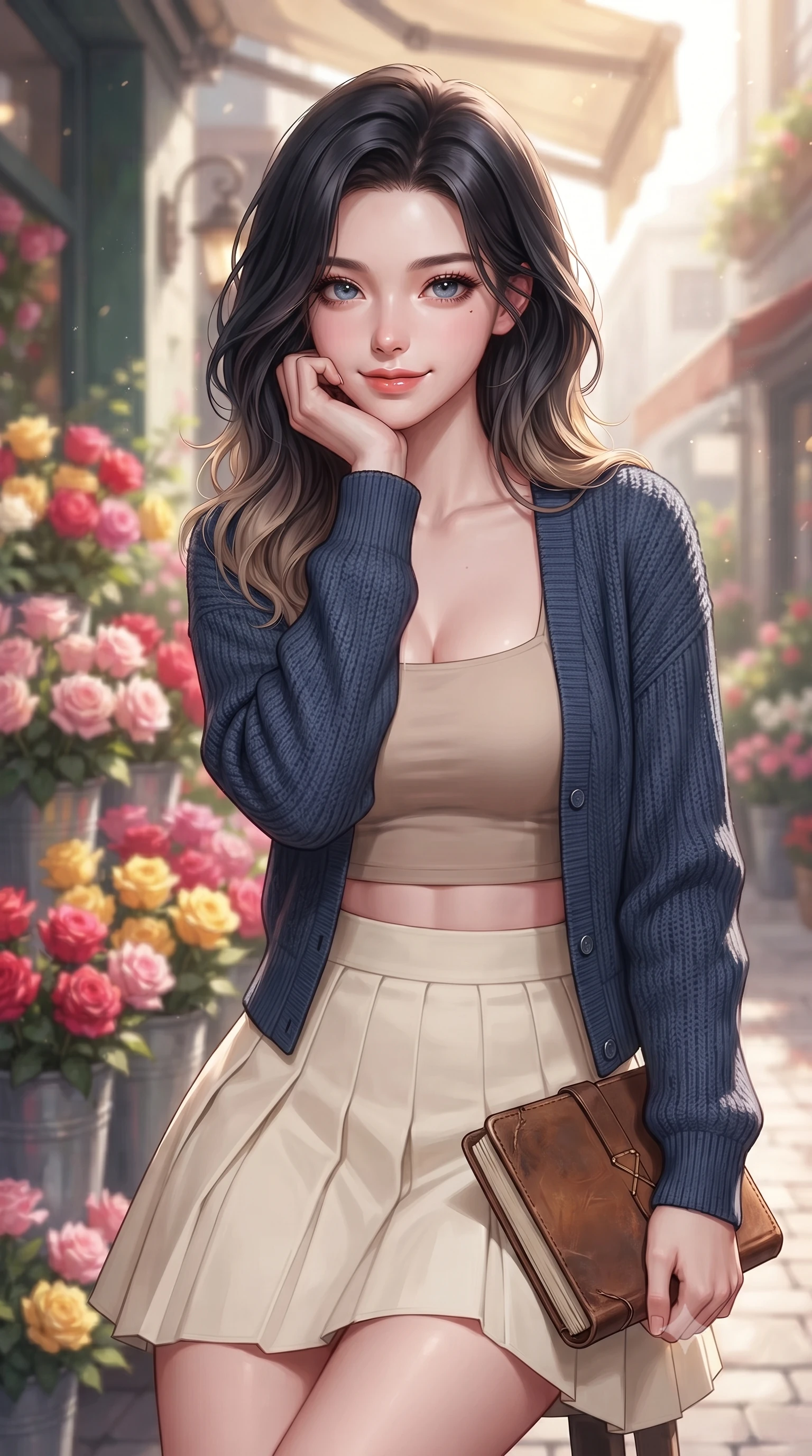 score_9, masterpiece, best quality, ultra-detailed, high-budget anime keyframe, editorial fashion photography, tasteful artistic composition, Korean woman. close-up cowboy shot from the waist and thighs up, the character dominates the composition, filling the frame with her large presence, background elements kept in soft focus. smiling cutely while resting her chin on her hand, looking directly into the lens set against a soft-focus background of outside a charming flower shop alley filled with buckets of colorful roses holding a classic leather notebook bought from the stationery shop. She has an exceptionally elegant, slender, and willowy female figure with an ultra-slim waist, a gracefully sculpted slender torso, and a refined silhouette. sharp v-shaped jawline, high-bridge nose, intricate jewel-like eyes with depth, thick eyelashes, glossy lips with a natural sheen. wearing body-hugging crop top under an open knit cardigan, paired with a high-waist pleated A-line skirt. soft morning sunbeams highlighting the colorful flowers and her face. highly saturated vibrant anime colors, detailed shading with soft gradients, rich glossy textures, high-contrast stereoscopic depth, volumetric dynamic lighting, master piece, 9:16 ratio