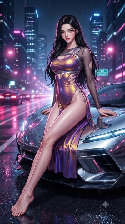 score_9, masterpiece, best quality, ultra-detailed, high-budget anime keyframe, editorial fashion photography, tasteful artistic composition, Korean woman. low angle full-body shot from head to toe showing her feet, filling the entire 9:16 vertical f