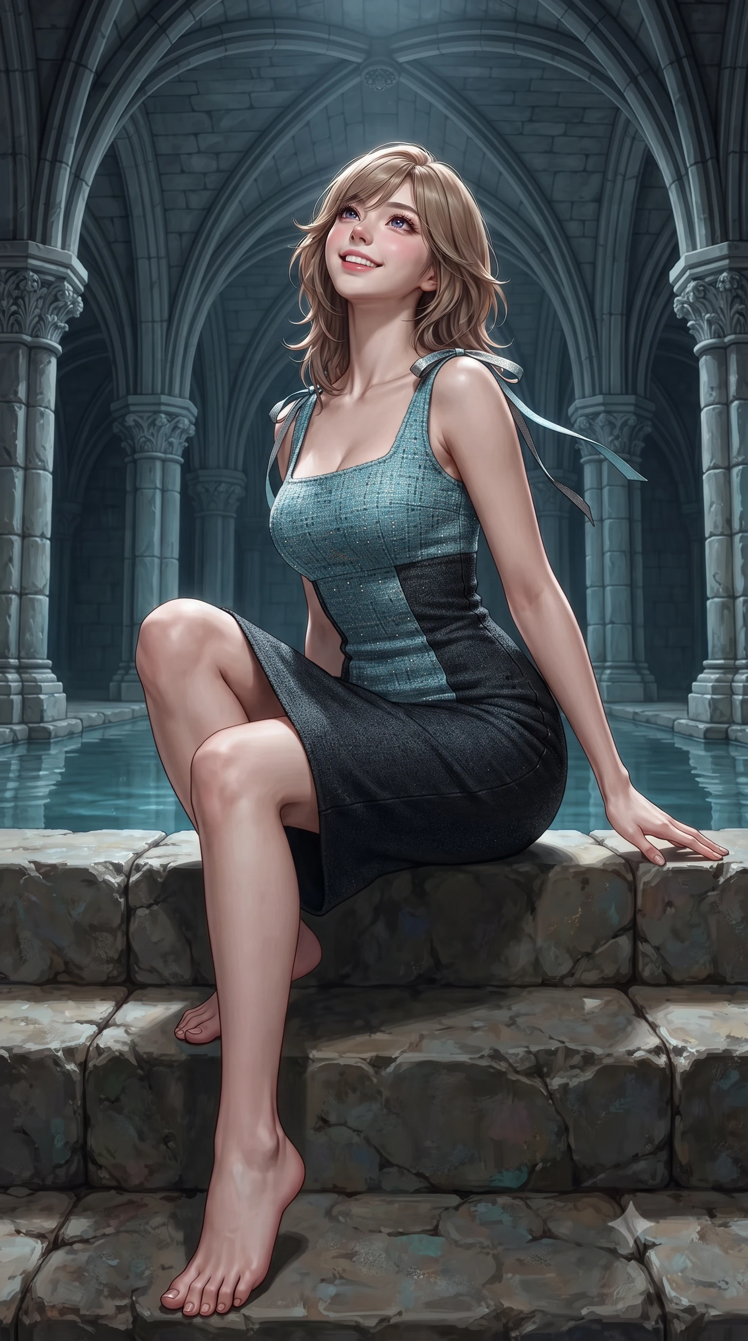 score_9, masterpiece, best quality, ultra-detailed, high-budget anime keyframe, editorial fashion photography, tasteful artistic composition, Korean woman. low angle full-body shot from head to toe showing her feet, filling the entire 9:16 vertical frame with her statuesque presence, stretching her vertical silhouette. sitting poised on the stone steps with one knee bent, arching her spine with supermodel elegance as she glances upward through thick eyelashes while standing poised on the stone steps beside the subterranean mirror-calm rainwater basin beneath soaring gothic groin vaults, arching her spine with wet-look siren grace. The surrounding environment is rendered in vivid detail and crisp panoramic clarity: detailed garment lines, bodycon tailoring, and subterranean gothic craft in high resolution. She has an exceptionally tall and slender model-like 8.5-heads proportion, an ultra-slim waist, a flat toned midriff, narrow delicate ribcage, and beautifully sculpted feminine hips creating a graceful, slim hourglass silhouette without any bulky heaviness, with impossibly long slender legs. sharp v-shaped jawline, high-bridge nose, intricate jewel-like sparkling eyes with depth, thick eyelashes, glossy parted lips with a natural peach sheen, bright cheerful beaming smile with an enchanting and coquettish sensual glint, exuding both youthful cute charm and seductive allure, flawlessly proportioned anatomical accuracy, strict slender model proportions, natural body alignment, perfectly sculpted long slender limbs, ultra-slim waistline, clean dynamic posture without body distortion. wearing a glove-like stretch modal tank dress adhering tightly to her flat midriff and feminine hips in Icelandic geothermal cyan and volcanic basalt obsidian, woven from structured British tweed with subtle metallic flecks, finished with satin ribbon ties at the shoulders fluttering in the gentle breeze, the liquid-tight tailored fabric clinging flawlessly to her narrow waist and rounded feminine hips, emphasizing every millimeter of her sculpted slim hourglass curves without any bulky heaviness. illuminated by still pool specular bounce and sharp honey-gold rim lights defining her dewy collarbones, ultra-slim waist, and curvy hips. ultra-reflective glossy finish, specular highlights, rich textural contrasts, high-contrast stereoscopic depth, volumetric dynamic lighting, 2k, ultra detail, master piece, 9:16 ratio