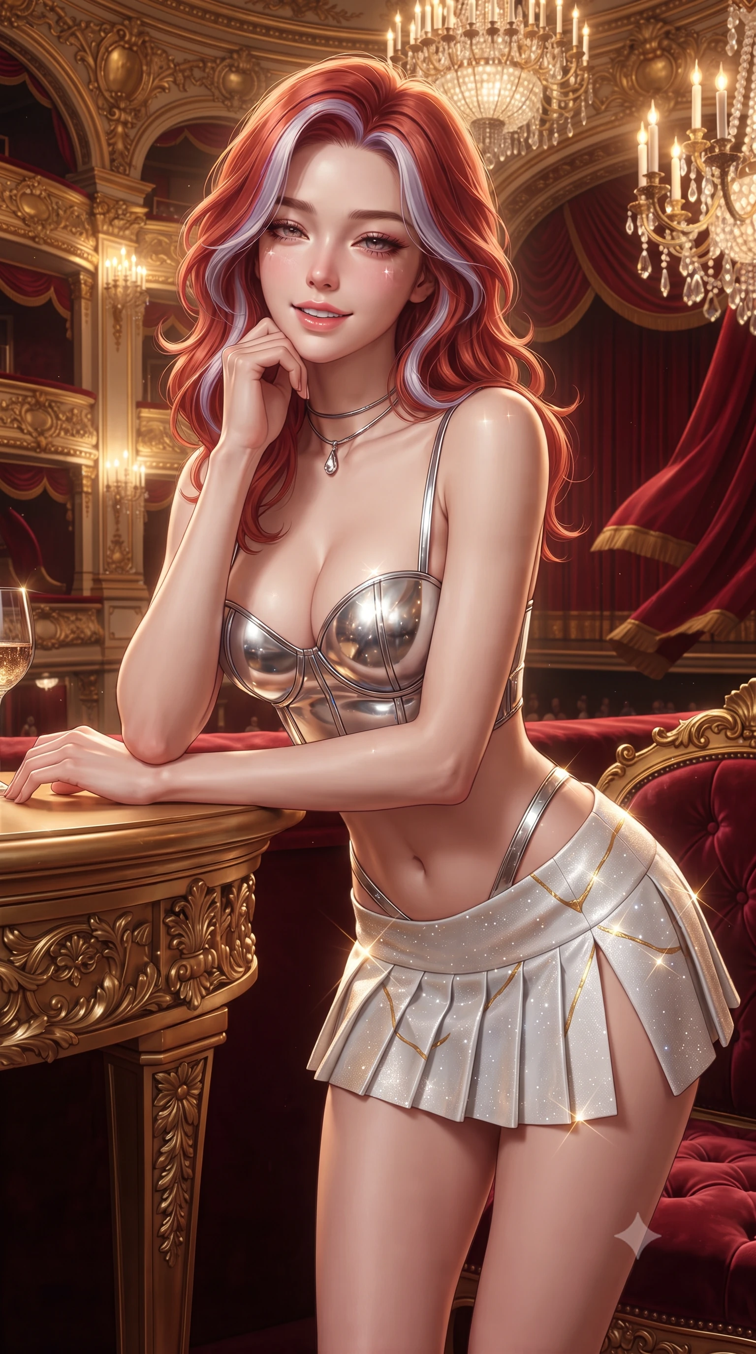 score_9, masterpiece, best quality, ultra-detailed, high-budget anime keyframe, editorial fashion photography, tasteful artistic composition, Caucasian woman. close-up cowboy shot from the waist and thighs up, the character dominates the composition, filling the frame with her large presence. resting one elbow on the table and supporting her chin, leaning close to the camera with heavy-lidded sparkling eyes and parted lips while standing poised in the gilded royal loge overlooking the grand auditorium, arching her spine with aristocratic charisma as levitating crimson velvet curtains flutter in mid-air. The surrounding environment is rendered in vivid detail and crisp panoramic clarity: sharp hand-carved gilded acanthus leaf mouldings, deep button-tufted velvet upholstery grain, and crystal chandelier facets in deep focus. She has an exceptionally elegant, slender, and willowy female figure with an ultra-slim waist, flat toned midriff, narrow ribcage, and sculpted feminine hips creating an alluring, slim hourglass silhouette without bulk. sharp v-shaped jawline, high-bridge nose, intricate jewel-like sparkling eyes with depth, thick eyelashes, glossy parted lips with a natural peach sheen, bright cheerful beaming smile with an enchanting and coquettish sensual glint, exuding both youthful cute charm and seductive allure, flawlessly proportioned anatomical accuracy, strict slender model proportions, natural body alignment, perfectly sculpted long slender limbs, ultra-slim waistline, clean dynamic posture without body distortion. wearing a chrome-plated structured underwire bustier top paired with an ultra-short low-rise pleated micro mini skirt in Kintsugi celestial white porcelain and liquid gold, woven from stretch metallic lurex jersey casting radiant starlight glints across her curves, finished with a minimalist chrome choker and a single teardrop diamond pendant, the high-slit wrap tailoring accentuating her ultra-slim waistline and the enchanting curve of her feminine hips with alluring seductive charm. bathed in the warm radiant 2700K illumination of thousands of crystal chandelier candles and gilded sconces. ultra-reflective glossy finish, specular highlights, rich textural contrasts, high-contrast stereoscopic depth, volumetric dynamic lighting, 2k, ultra detail, master piece, 9:16 ratio
