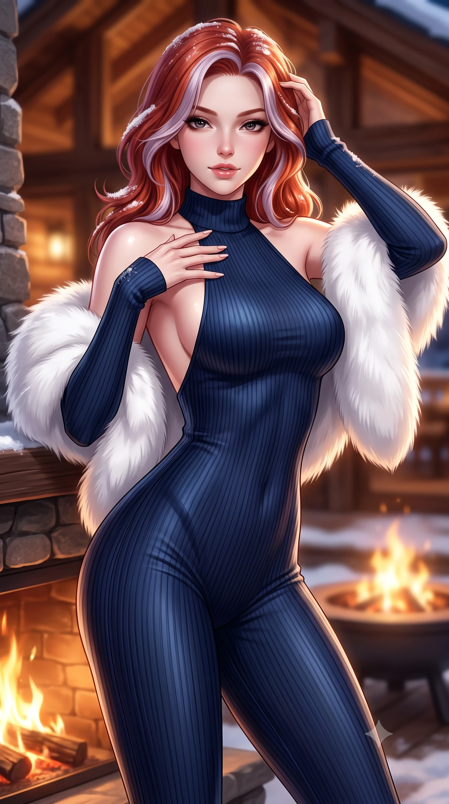 score_9, masterpiece, best quality, ultra-detailed, high-budget anime keyframe, semi-realistic 3D game render, editorial fashion photography, tasteful artistic composition, Caucasian woman. close-up cowboy shot from the waist and thighs up, the character dominates the composition, filling the frame with her large presence. resting one manicured hand delicately on her bare collarbone, her upper body twisting in a fluid, voluptuous yet slender curve while leaning back against the heated stone fireplace mantel on the chalet deck, pushing snow-dusted hair back with a sultry smile. The composition keeps background elements in soft focus with creamy bokeh. warm glowing chalet timber interiors and outdoor fire pit flames softened in cozy shallow depth of field. She has an exceptionally elegant, slender, and willowy female figure with an ultra-slim waist, a gracefully sculpted slender torso, toned flat midriff, and a refined slim silhouette. sharp v-shaped jawline, high-bridge nose, intricate jewel-like eyes with depth, thick eyelashes, glossy parted lips with a natural sheen, intensely captivating and seductive expression, flawlessly proportioned anatomical accuracy, strict slender model proportions, natural body alignment, perfectly sculpted long slender limbs, ultra-slim waistline, clean dynamic posture without body distortion. wearing a snug ribbed knit halter-neck catsuit with an open back and matching detachable arm warmers in deep alpine midnight navy and snow white, made of liquid-smooth silk satin layered under plush faux-shearling fur, complemented by an opulent white fox-fur stole draped loosely over her shoulders, the liquid-tight tailored fabric emphasizing every curve of her tall, slender model proportions and sculptured silhouette during dynamic movement. illuminated by bright specular snow reflections tracing her sculpted collarbones, waist, and long limbs. highly saturated vibrant anime colors, detailed shading with soft gradients, rich glossy textures, high-contrast stereoscopic depth, volumetric dynamic lighting, master piece, 9:16 ratio