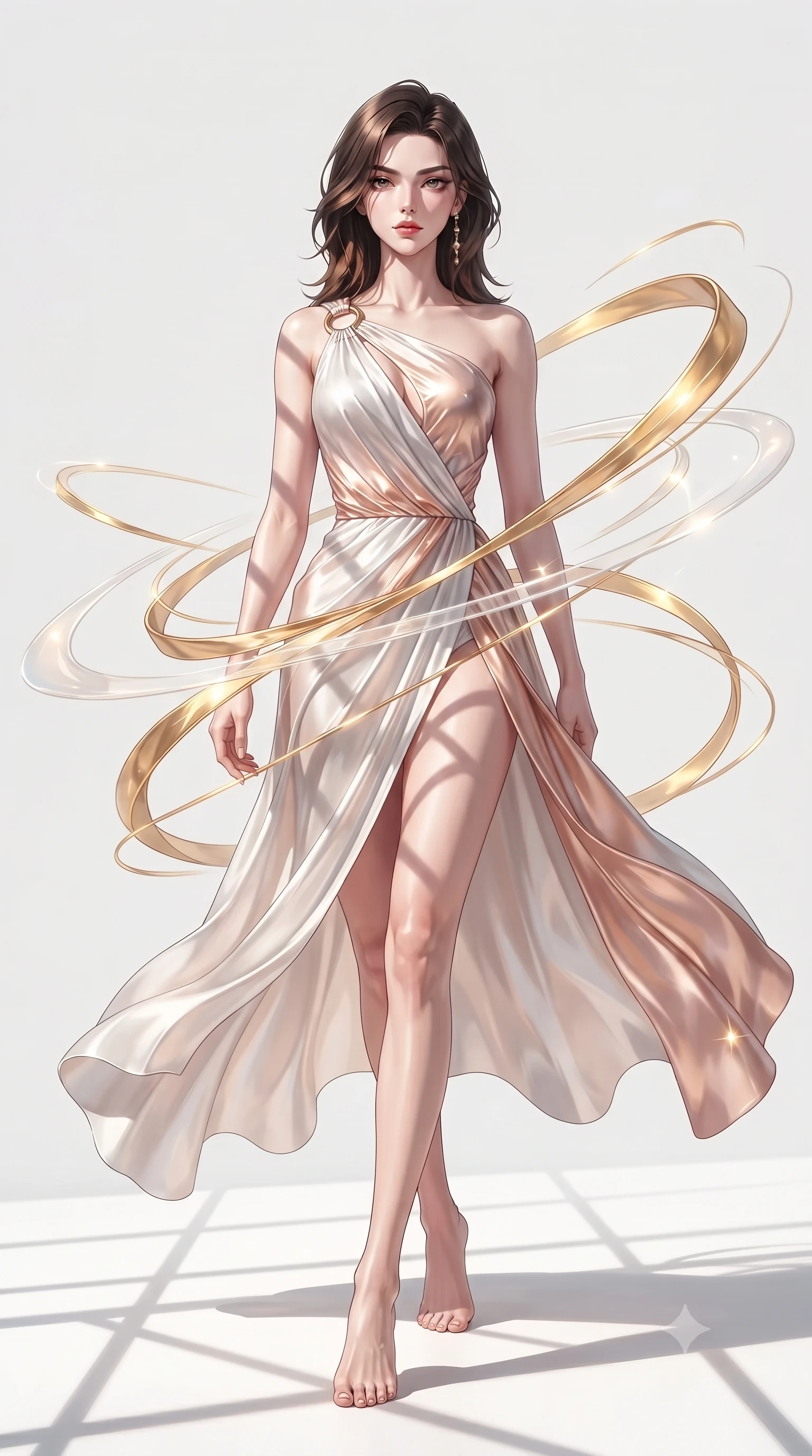 score_9, masterpiece, best quality, ultra-detailed, high-budget anime keyframe, editorial fashion photography, tasteful artistic composition, Korean woman. low angle full-body shot from head to toe showing her feet, filling the entire 9:16 vertical frame with her statuesque presence, stretching her vertical silhouette. stepping forward in a proud dynamic stride, her vertical silhouette filling the frame with statuesque presence while pivoting sharply with a dynamic waist tilt as golden solar flare ribbons swirl around her, translucent golden energy rings orbiting around her slender waist in mid-air. She has an absolutely perfect, statuesque 8.5-heads proportion, an exceptionally tall and slender model-like female figure with impossibly long slender legs and an ultra-slim waist. sharp v-shaped jawline, high-bridge nose, intricate jewel-like eyes with depth, thick eyelashes, glossy lips with a natural sheen, flawlessly proportioned anatomical accuracy, natural body alignment, perfectly sculpted elegant limbs, clean dynamic posture without body distortion. wearing an asymmetrical Grecian draped chiffon gown with a metallic shoulder ring in pearl white and rose gold, woven from fine semi-opaque sheer organza, accented with a Tasteful chest slit framing her clavicle gracefully, the elegant draped fit framing her graceful clavicle and slender torso. illuminated by a majestic golden key light casting sharp dynamic shadow grids. ultra-reflective glossy finish, specular highlights, metallic sheen, high-contrast stereoscopic depth, volumetric dynamic lighting, 2k, ultra detail, master piece, 9:16 ratio