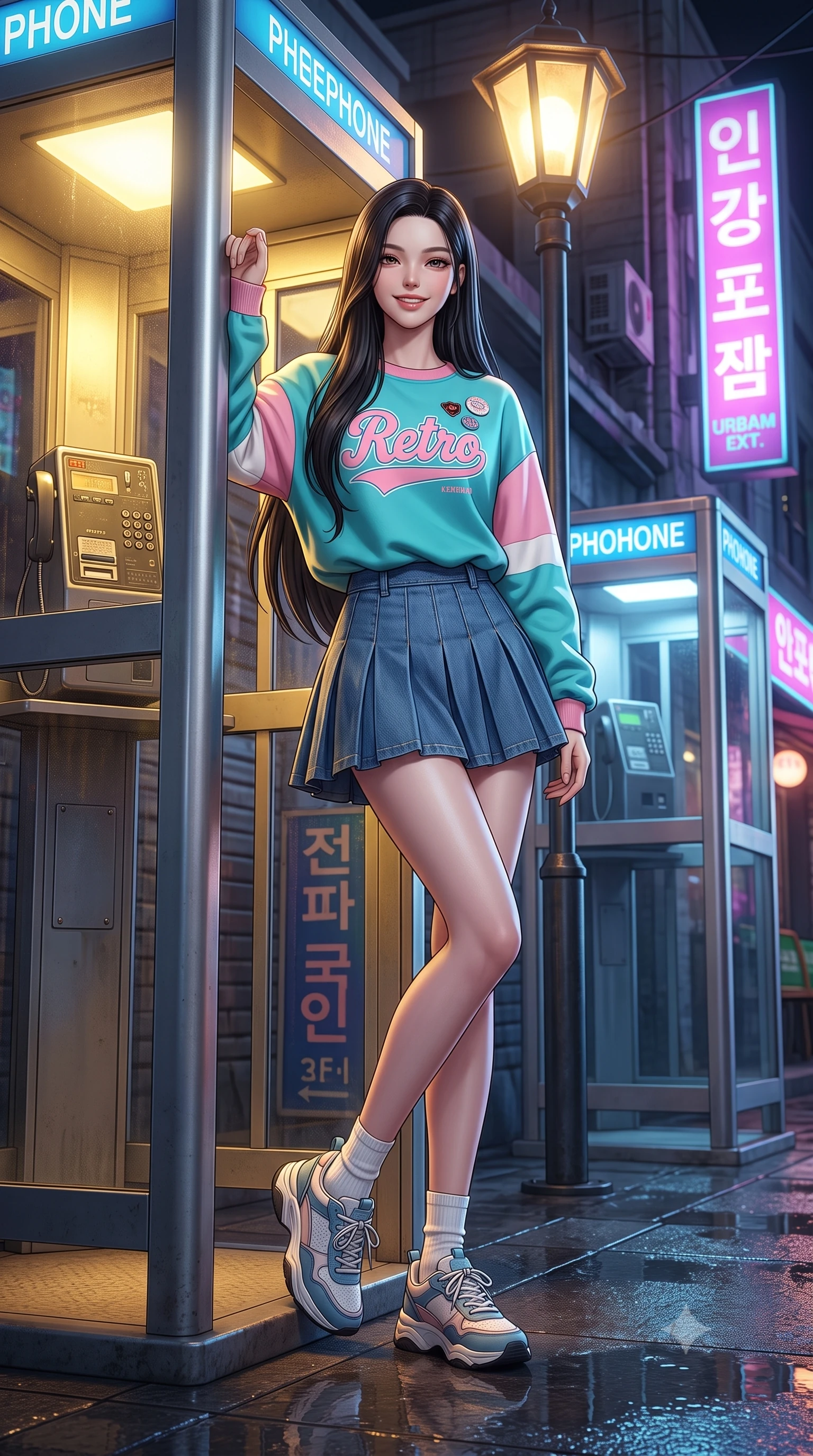 score_9, masterpiece, best quality, ultra-detailed, high-budget anime keyframe, semi-realistic 3D game render, editorial fashion photography, tasteful artistic composition, Korean woman. low angle full-body shot from head to toe showing her feet, filling the entire 9:16 vertical frame with her statuesque presence, stretching her vertical silhouette. landing lightly on the balls of her feet in a balanced kinetic stance, eyes locked onto the camera with fearless allure while leaning against the exterior booth frame under a streetlamp, smiling warmly at someone approaching beyond the camera. The surrounding environment is rendered in vivid detail and crisp panoramic clarity. emotional cinematic chiaroscuro and nostalgic 90s urban romance aesthetics captured with precision. She has an absolutely perfect, statuesque 8.5-heads proportion, an exceptionally tall and slender model-like female figure with impossibly long slender legs, a toned flat midriff, and an ultra-slim waist. sharp v-shaped jawline, high-bridge nose, intricate jewel-like eyes with depth, thick eyelashes, glossy lips with a natural sheen, captivating and magnetic expression, flawlessly proportioned anatomical accuracy, strict slender model proportions, natural body alignment, perfectly sculpted long slender limbs, ultra-slim waistline, clean dynamic posture without body distortion. wearing a vibrant retro graphic oversized sweatshirt paired with a pleated tennis skirt and chunky sneakers in retro turquoise, baby pink, and white, made of premium heavyweight washed denim and breathable cotton poplin, finished with retro enamel varsity pins and classic leather loafers, the glove-like aerodynamic second-skin fit tightly clinging to her ultra-slender waist and athletic curves without adding bulk, accentuating her razor-sharp statuesque lines and slim hourglass silhouette. bathed in cozy yellow interior phone booth lamp light contrasting with cool neon street reflections outside. highly saturated vibrant anime colors, detailed shading with soft gradients, rich glossy textures, high-contrast stereoscopic depth, volumetric dynamic lighting, master piece, 9:16 ratio