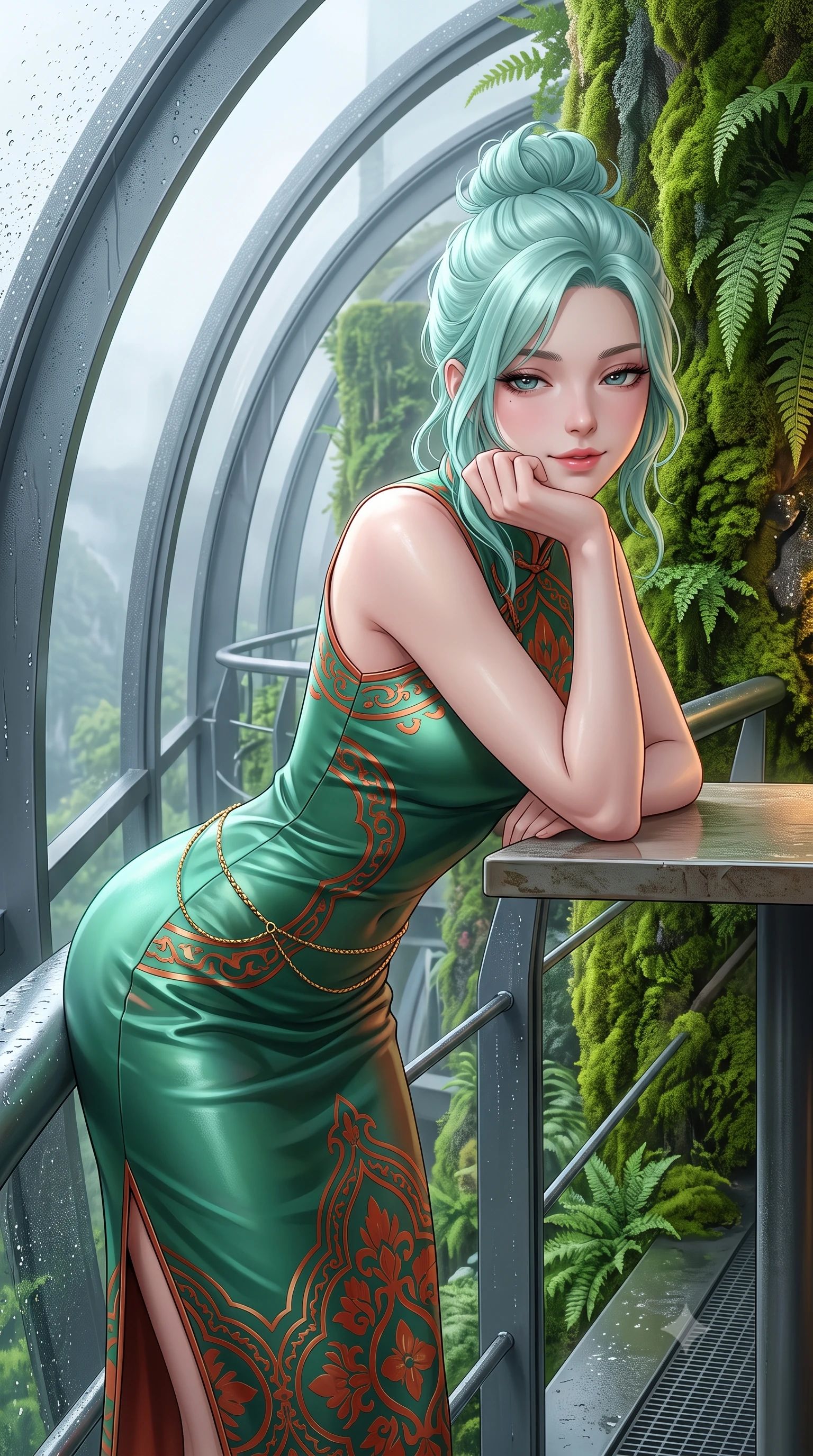 score_9, masterpiece, best quality, ultra-detailed, high-budget anime keyframe, semi-realistic 3D game render, editorial fashion photography, tasteful artistic composition, Japanese woman. close-up cowboy shot from the waist and thighs up, the character dominates the composition, filling the frame with her large presence. resting one elbow on the table and supporting her chin, leaning close to the camera with heavy-lidded sparkling eyes and parted lips while leaning against the structural steel handrail with hips cocked back, looking down over vertical mountain gardens with heavy-lidded bedroom-eyes. The surrounding environment is rendered in vivid detail and crisp panoramic clarity: sharp curved steel dome arches, lush moss and fern leaf textures on vertical walls, and fine water condensation beads in deep focus. She has an exceptionally elegant, slender, and willowy female figure with an ultra-slim waist, flat toned midriff, narrow ribcage, and sculpted feminine hips creating an alluring, slim hourglass silhouette without bulk. sharp v-shaped jawline, high-bridge nose, intricate jewel-like sparkling eyes with depth, thick eyelashes, glossy parted lips with a natural peach sheen, bright cheerful beaming smile with an enchanting and coquettish sensual glint, exuding both youthful cute charm and seductive allure, flawlessly proportioned anatomical accuracy, strict slender model proportions, natural body alignment, perfectly sculpted long slender limbs, ultra-slim waistline, clean dynamic posture without body distortion. wearing an ultra-sleek stretch lambskin leather sheath dress accentuating her slim waistline in Tanjong Pagar Peranakan jade green and gilded vermilion, crafted from fluid liquid silk satin that clings smoothly to her narrow waist and rounded hips with a dewy sheen, accented with a dainty gold belly chain resting across her flat midriff and curving hips, the form-contouring silhouette accentuating her sculpted flat midriff, narrow delicate ribcage, and gracefully curvy hips with intoxicating allure. bathed in the cool 5000K daylight-white mist illumination mixed with warm 2700K pathway architectural spot LEDs. highly saturated vibrant anime colors, detailed shading with soft gradients, rich glossy textures, high-contrast stereoscopic depth, volumetric dynamic lighting, master piece, 9:16 ratio