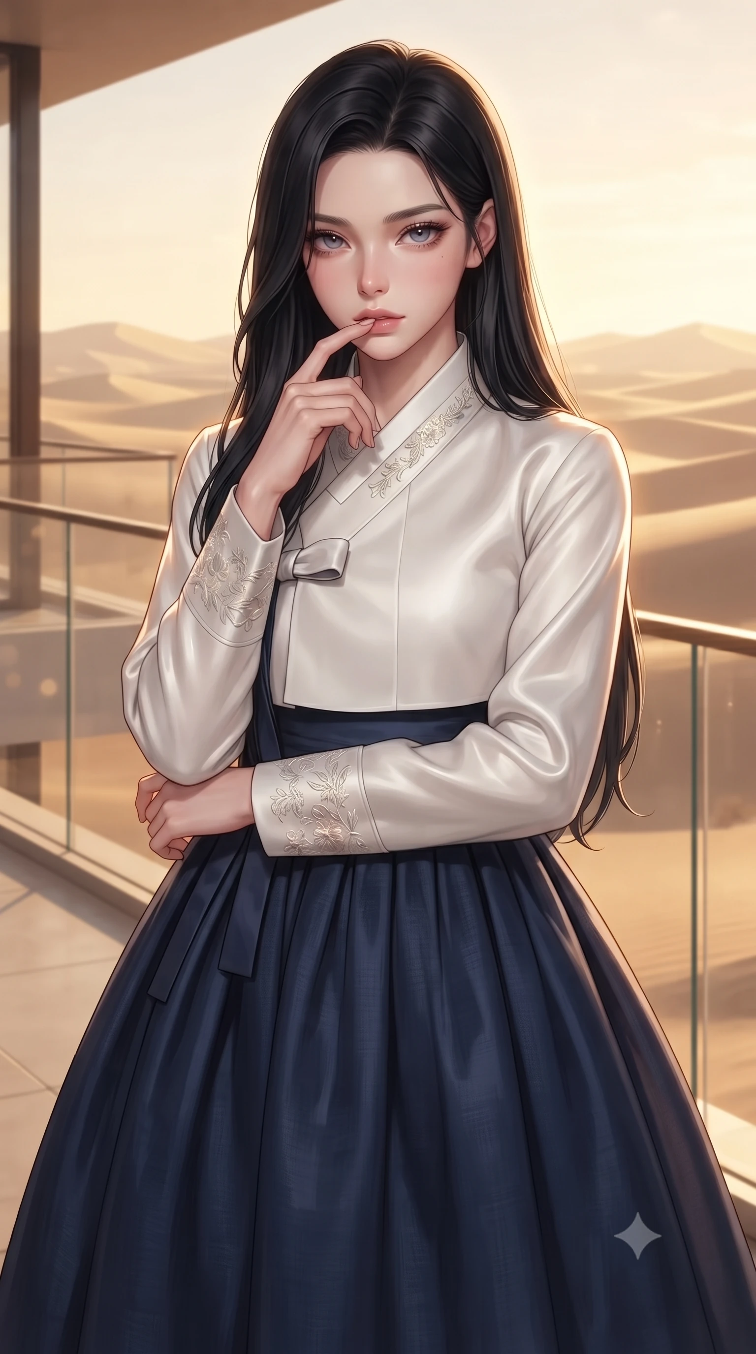 score_9, masterpiece, best quality, ultra-detailed, high-budget anime keyframe, editorial fashion photography, tasteful artistic composition, Korean woman. close-up cowboy shot from the waist and thighs up, the character dominates the composition, filling the frame with her large presence, background elements kept in soft focus. pressing one finger to her bottom lip in a thoughtful, seductive gesture under the warm sun the background shows a soft-focus a desert villa balcony with glass railings, looking out at the endless sand dunes. She has an exceptionally elegant, slender, and willowy female figure with an ultra-slim waist, a gracefully sculpted slender torso, and a refined silhouette. sharp v-shaped jawline, high-bridge nose, intricate jewel-like eyes with depth, thick eyelashes, glossy lips with a natural sheen. wearing a form-contouring modern fusion hanbok dress with a navy blue linen skirt and a high-neck white silk jeogori wrapper. warm golden hour sunset tracing her silhouette with a soft glowing rim light. ultra-reflective glossy finish, specular highlights, metallic sheen, high-contrast stereoscopic depth, volumetric dynamic lighting, 2k, ultra detail, master piece, 9:16 ratio