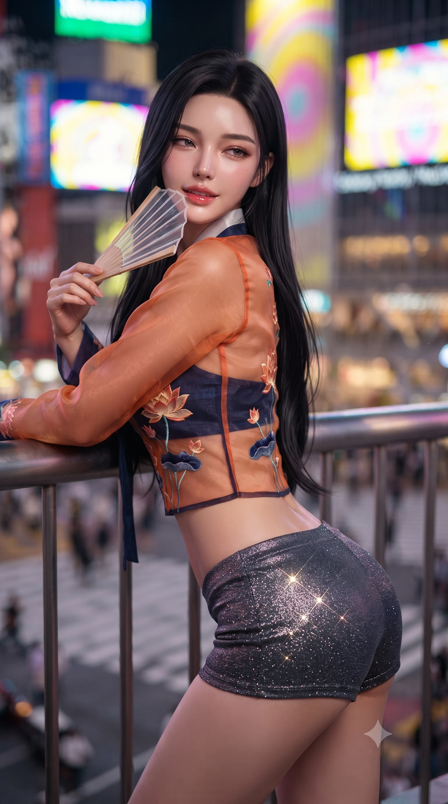score_9, masterpiece, best quality, ultra-detailed, high-budget anime keyframe, editorial fashion photography, tasteful artistic composition, Korean woman. close-up cowboy shot from the waist and thighs up, the character dominates the composition, filling the frame with her large presence. leaning back against the balustrade with relaxed seductive grace, head tilted back slightly while casting a hypnotic, heavy-lidded gaze while twisting her slender torso in an alluring S-curve, dynamic video wall projections tracing her narrow waist, flat midriff, and hips. The background shows a soft-focus the famous Shibuya scramble crossing below and towering digital billboard screens blurred into vibrant electric yellow, magenta, and cyan bokeh. She has an exceptionally elegant, slender, and willowy female figure with an ultra-slim waist, flat toned midriff, narrow ribcage, and sculpted feminine hips creating an alluring, slim hourglass silhouette without bulk. sharp v-shaped jawline, high-bridge nose, sparkling eyes with hypnotic seductive depth, thick curled eyelashes, glossy parted lips with a natural dewy peach sheen, alluring bedroom-eyes with an enchanting coquettish smile, exuding magnetic siren charisma and sophisticated glamour, flawlessly proportioned anatomical accuracy, strict slender model proportions, natural body alignment, perfectly sculpted long slender limbs, ultra-slim waistline, clean dynamic posture without body distortion. wearing a form-contouring sheer organza hanbok bodice with delicate lotus embroidery paired with low-rise silk hot-pants in sunset tangerine orange and deep navy indigo, woven from stretch metallic lurex jersey casting radiant starlight glints across her silhouette, finished with a transparent silk folding fan held gracefully near her glossy parted lips, the second-skin tailored fabric adhering flawlessly to her sculpted flat midriff and slender torso, emphasizing her long leg lines and perfectly proportioned willowy build. bathed in shifting multi-colored light radiating from giant outdoor digital billboards. ultra-reflective glossy finish, specular highlights, rich textural contrasts, high-contrast stereoscopic depth, volumetric dynamic lighting, 2k, ultra detail, master piece, 9:16 ratio