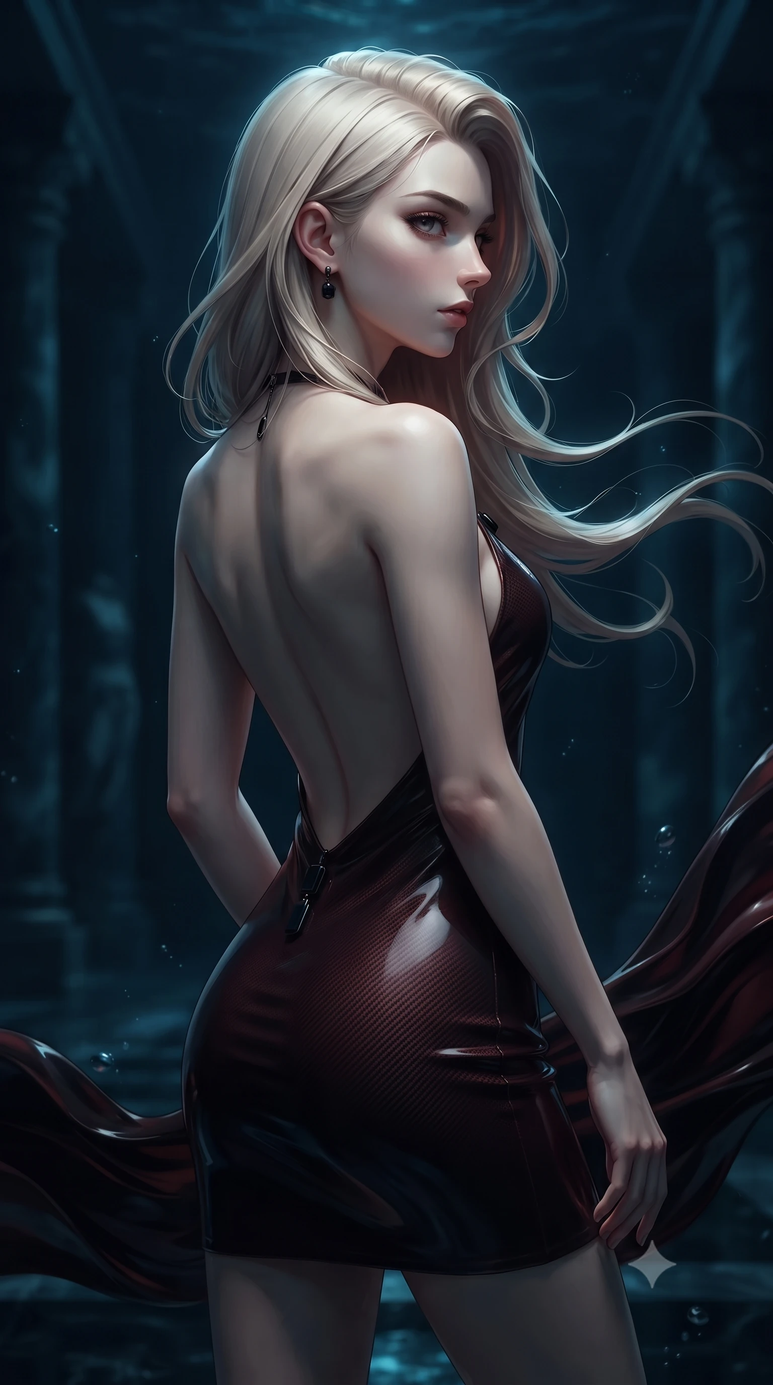 score_9, masterpiece, best quality, ultra-detailed, high-budget anime keyframe, editorial fashion photography, tasteful artistic composition, Caucasian woman. close-up cowboy shot from the waist and thighs up, the character dominates the composition, filling the frame with her large presence, background elements kept in soft focus. Turning her face in sharp dramatic profile against the moody key light, standing on a sunken dark marble colonnade at the bottom of a dark ocean, fluid movement of her dark outfit trailing in deep ocean currents. She has an exceptionally elegant, slender, and willowy female figure with an ultra-slim waist, a gracefully sculpted slender torso, and a refined silhouette. sharp v-shaped jawline, high-bridge nose, intricate jewel-like eyes with depth, thick eyelashes, glossy lips with a natural sheen. wearing backless liquid vinyl mini slip dress with bare shoulder neckline in dark mahogany, made of matte carbon-fiber weave, adorned with minimalist black onyx hardware framing the silhouette, following her slender form with tailored precision. lit by intense deep-sea key light piercing through midnight ocean depths. highly saturated vibrant anime colors, detailed shading with soft gradients, rich glossy textures, high-contrast stereoscopic depth, volumetric dynamic lighting, master piece, 9:16 ratio