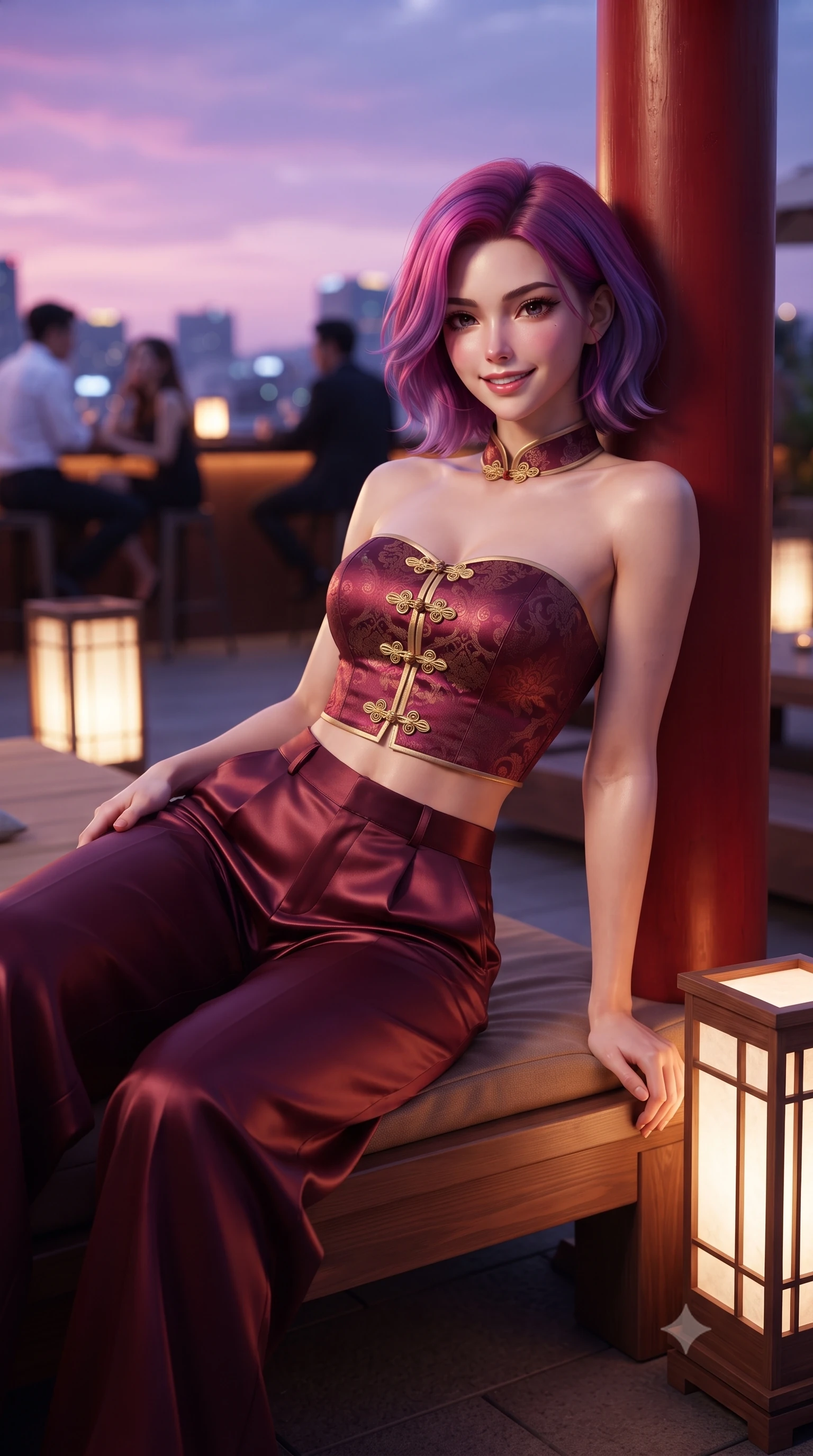 score_9, masterpiece, best quality, ultra-detailed, high-budget anime keyframe, editorial fashion photography, tasteful artistic composition, Caucasian woman. close-up cowboy shot from the waist and thighs up, the character dominates the composition, filling the frame with her large presence. leaning back against the red lacquer pillar with relaxed seductive grace, her flat midriff and narrow waist highlighted as warm lantern light traces her curves while lounging on an outdoor low wooden daybed propped on one elbow with one knee bent, her flat midriff and hourglass curves radiant in twilight glow. The background shows a soft-focus glowing hanji paper floor lanterns and chic rooftop cocktail patrons softened in trendy Seoul shallow focus. She has an exceptionally elegant, slender, and willowy female figure with an ultra-slim waist, flat toned midriff, narrow ribcage, and sculpted feminine hips creating an alluring, slim hourglass silhouette without bulk. sharp v-shaped jawline, high-bridge nose, intricate jewel-like dark sparkling almond eyes with depth, thick lashes, glossy parted lips with a natural rose-plum sheen, bright alluring and coquettish smile with bedroom-eyes, exuding both timeless oriental elegance and sovereign high-fashion allure, flawlessly proportioned anatomical accuracy, strict slender model proportions, natural body alignment, perfectly sculpted long slender limbs, ultra-slim waistline, clean dynamic posture without body distortion. wearing a strapless structured silk brocade bustier top paired with flowing wide-leg satin palazzo trousers cinched at the waist in deep wine burgundy and brushed antique gold, tailored from fine crisp cotton-linen with clean structural lines, accented with intricate gold frog buttons and a delicate mandarin collar, the form-contouring cut accentuating her sculpted flat midriff, narrow delicate ribcage, and gracefully curvy hips with regal oriental supermodel elegance. bathed in glowing violet and rose-gold twilight sky radiance contrasting with warm rooftop lanterns. ultra-reflective glossy finish, specular highlights, rich textural contrasts, high-contrast stereoscopic depth, volumetric dynamic lighting, 2k, ultra detail, master piece, 9:16 ratio