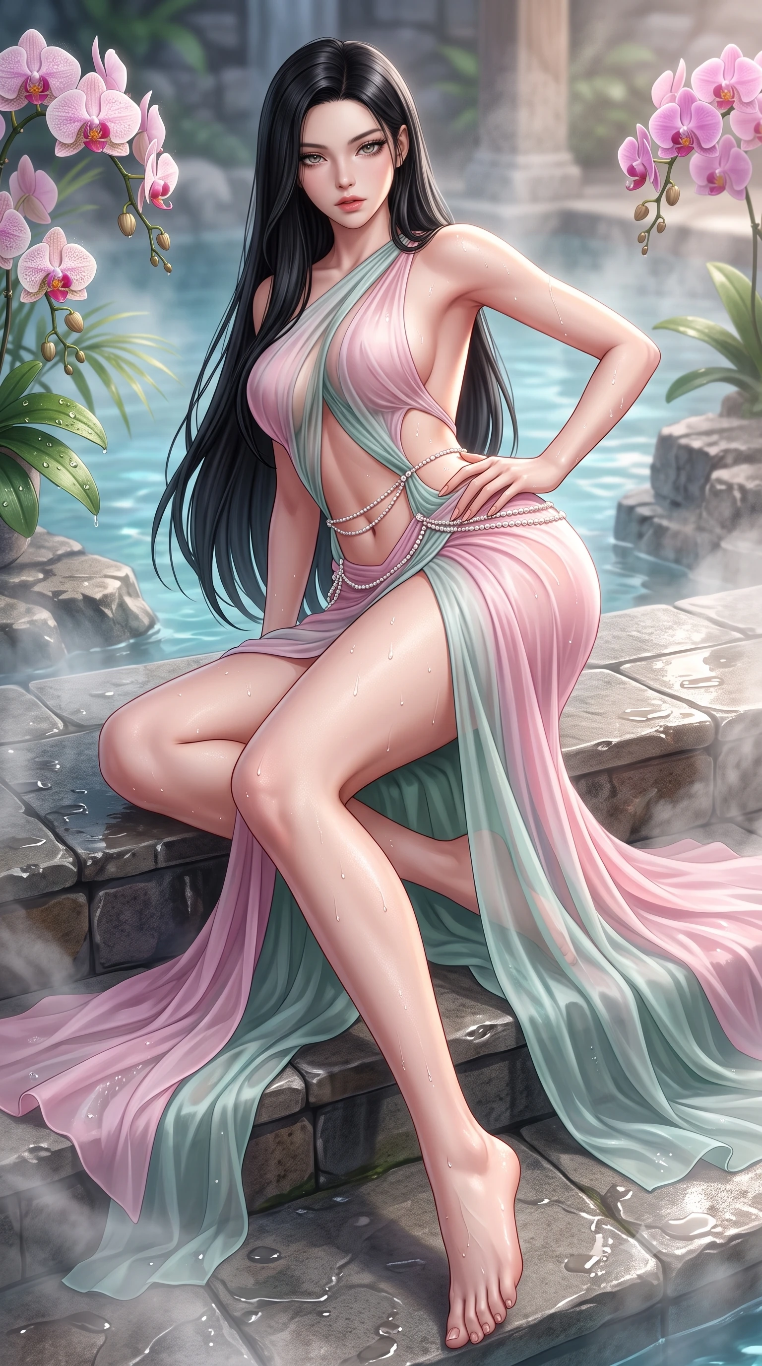 score_9, masterpiece, best quality, ultra-detailed, high-budget anime keyframe, semi-realistic 3D game render, editorial fashion photography, tasteful artistic composition, Korean woman. low angle full-body shot from head to toe showing her feet, filling the entire 9:16 vertical frame with her statuesque presence, stretching her vertical silhouette. reclining on her side in an elegant Cleopatra pose with one knee drawn up, the dramatic contour of her rounded hips and long slender legs commanding the 9:16 vertical frame while kneeling gracefully on a wet stone pool step with one hand on her hip, thermal steam rising to caress her feminine curves. The surrounding environment is rendered in vivid detail and crisp panoramic clarity. detailed dew droplets on exotic orchids, wet skin water beads, and stone masonry in high clarity. She has an absolutely perfect, statuesque 8.5-heads proportion, an exceptionally tall and slender model-like female figure with impossibly long slender legs, a toned flat midriff, an ultra-slim waist, and beautifully sculpted feminine hips. sharp v-shaped jawline, high-bridge nose, intricate jewel-like eyes with depth, thick eyelashes, glossy parted lips with a natural sheen, intensely captivating and seductive bedroom-eyes expression, flawlessly proportioned anatomical accuracy, strict slender model proportions, natural body alignment, perfectly sculpted long slender limbs, ultra-slim waistline, clean dynamic posture without body distortion. wearing a backless Grecian goddess draped dress with side-waist cutouts and a fluid floor-length slit in lotus petal pink and jade mist, woven from sheer cascading chiffon that ripples like water with every step, accented with dainty pearl waist chains framing her sun-kissed midriff, the glove-like aerodynamic silhouette tightly following the natural contour of her hips and long slender legs with statuesque precision. surrounded by an otherworldly, sensual, and exquisitely pure water-lily nymph aura. highly saturated vibrant anime colors, detailed shading with soft gradients, rich glossy textures, high-contrast stereoscopic depth, volumetric dynamic lighting, master piece, 9:16 ratio