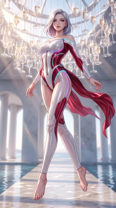 score_9, masterpiece, best quality, ultra-detailed, high-budget anime keyframe, semi-realistic 3D game render, editorial fashion photography, tasteful artistic composition, Caucasian woman. low angle full-body shot from head to toe showing her feet, 