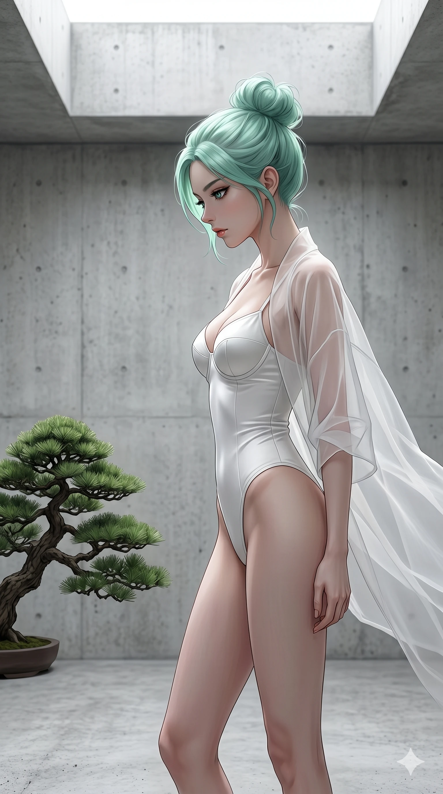 score_9, masterpiece, best quality, ultra-detailed, high-budget anime keyframe, editorial fashion photography, tasteful artistic composition, Japanese woman. cowboy shot from the thighs up, character and outfit filling the frame for maximum editorial presence. standing in a sharp profile pose, looking down at the tree with a cool, composed expression inside a minimalist concrete gallery with a single bonsai tree (Code-P16-046). She has an absolutely perfect 8-heads proportion, an exceptionally tall and slender female figure with impossibly long slender legs and an ultra-slim waist. V-shaped jawline, high-bridge nose, intricate jewel-like eyes with depth, thick eyelashes, glossy lips with a natural sheen. wearing a structured white silk high-cut bodysuit with structured cups and a sheer organza wrap. soft diffused light from a concrete skylight, highlighting her V-shaped jawline and nose. 2k, ultra detail, master piece, 9:16 ratio