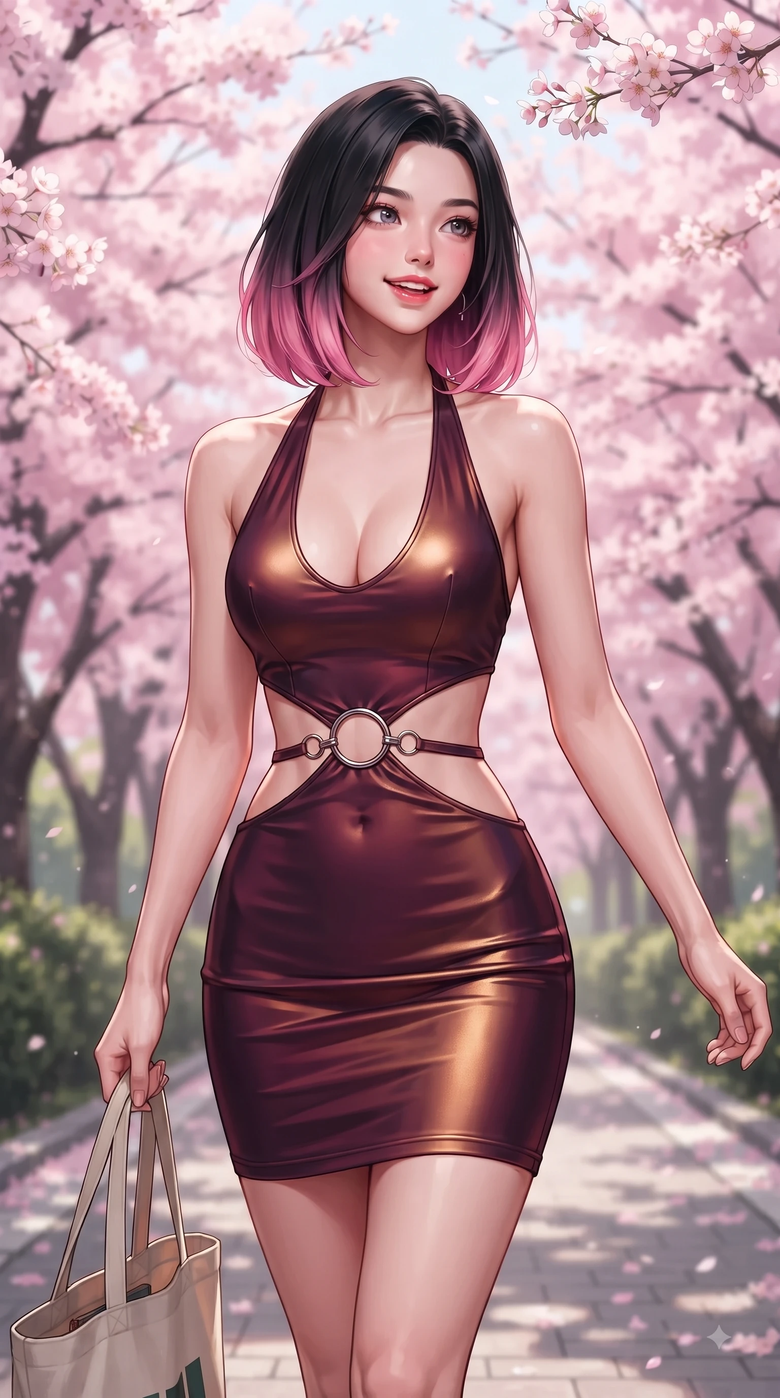 score_9, masterpiece, best quality, ultra-detailed, high-budget anime keyframe, editorial fashion photography, tasteful artistic composition, Korean woman. close-up cowboy shot from the waist and thighs up, the character dominates the composition, filling the frame with her large presence, background elements kept in soft focus. Playful cute expression with a warm smile and parted lips, looking right into the camera with vibrant energy while stepping along a paved academy path carrying a canvas tote bag with fresh youthful energy, dense canopies of pink cherry blossoms fluttering in a gentle spring morning breeze. She has an exceptionally elegant, slender, and willowy female figure with an ultra-slim waist, a gracefully sculpted slender torso, and a refined silhouette. sharp v-shaped jawline, high-bridge nose, intricate jewel-like eyes with depth, thick eyelashes, glossy lips with a natural sheen, flawlessly proportioned anatomical accuracy, natural body alignment, perfectly sculpted elegant limbs, clean dynamic posture without body distortion. wearing a deep-scoop halter bodycon dress with hip cutouts connected by silver rings in deep burgundy and bronze, crafted from smooth liquid silk, accented with delicate chrome ring hardware framing her waist, the tailored fabric tightly following every curve of her athletic build. surrounded by a fresh, sweet, and nostalgic spring school atmosphere. ultra-reflective glossy finish, specular highlights, metallic sheen, high-contrast stereoscopic depth, volumetric dynamic lighting, 2k, ultra detail, master piece, 9:16 ratio