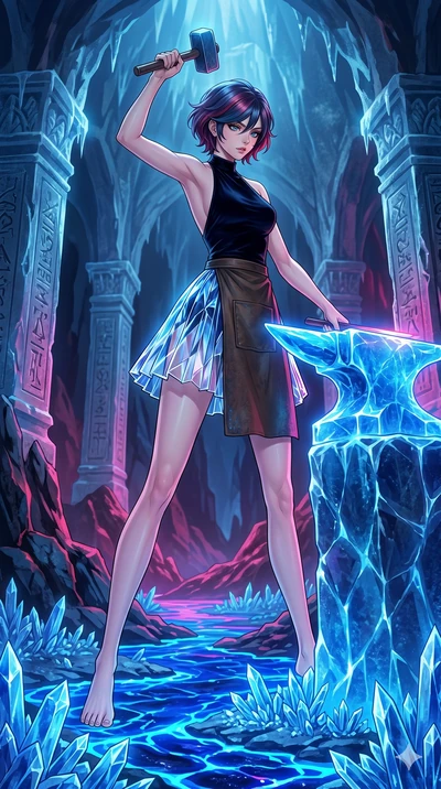 score_9, masterpiece, best quality, ultra-detailed, high-budget anime keyframe, Caucasian woman, strictly human ears. low angle full-body shot filling the entire 9:16 frame with her statuesque presence, stretching the vertical silhouette. forging in 