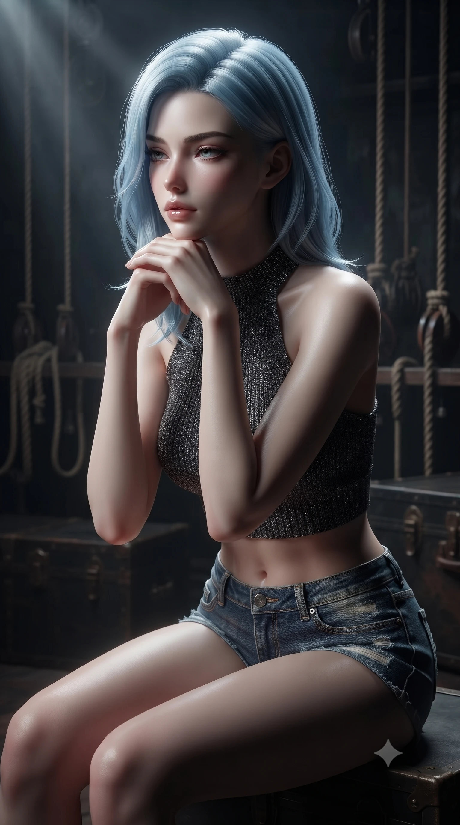 score_9, masterpiece, best quality, ultra-detailed, high-budget anime keyframe, editorial fashion photography, tasteful artistic composition, Korean woman. close-up cowboy shot from the waist and thighs up, the character dominates the composition, filling the frame with her large presence, background elements kept in soft focus. resting her chin on the backs of her fingers, casting a heavy-lidded, sultry look past the camera the background shows a soft-focus a vintage stage wing with ropes, pulleys, and wooden trunks in the dark. She has an exceptionally elegant, slender, and willowy female figure with an ultra-slim waist, a gracefully sculpted slender torso, and a refined silhouette. sharp v-shaped jawline, high-bridge nose, intricate jewel-like eyes with depth, thick eyelashes, glossy lips with a natural sheen. wearing a tailored chic knit halter crop top paired with denim micro-shorts, showing her delicately sculpted midriff. dramatic chiaroscuro lighting focusing on her athletic, slender build. ultra-reflective glossy finish, specular highlights, metallic sheen, high-contrast stereoscopic depth, volumetric dynamic lighting, 2k, ultra detail, master piece, 9:16 ratio