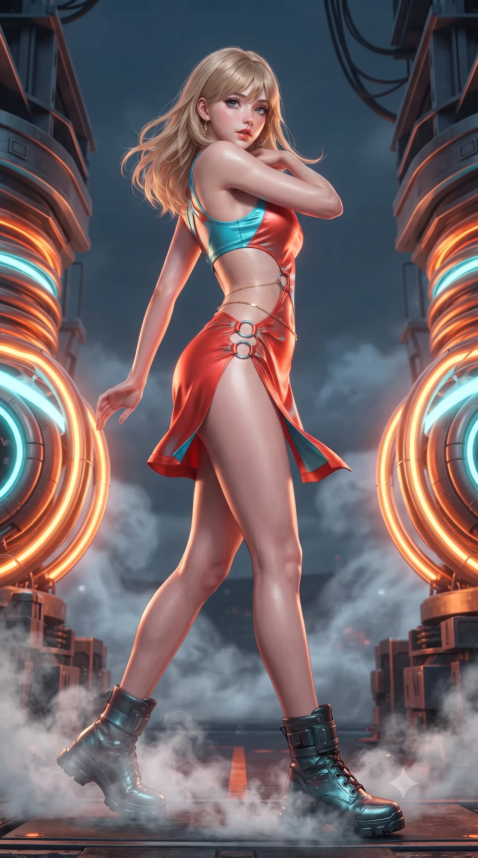score_9, masterpiece, best quality, ultra-detailed, high-budget anime keyframe, editorial fashion photography, tasteful artistic composition, Japanese woman. low angle full-body shot from head to toe showing her feet, filling the entire 9:16 vertical frame with her statuesque presence, stretching her vertical silhouette. executing a slow, graceful pivot turn as her skirt sways around her slender legs, glancing back with an enchanting, teasing sensual expression while standing poised between massive electromagnetic acceleration coils on the open launch gantry, arching her spine with tactical warrior grace as vaporized coolant steam swirls around her boots. The background shows a soft-focus swirling thermal exhaust vapor softened in carrier flight deck shallow focus. She has an exceptionally tall and slender model-like 8.5-heads proportion, an ultra-slim waist, a flat toned midriff, narrow delicate ribcage, and beautifully sculpted feminine hips creating a graceful, slim hourglass silhouette without any bulky heaviness, with impossibly long slender legs. sharp v-shaped jawline, high-bridge nose, intricate jewel-like sparkling eyes with depth, thick eyelashes, glossy parted lips with a natural peach sheen, bright cheerful beaming smile with an enchanting and coquettish sensual glint, exuding both youthful cute charm and seductive allure, flawlessly proportioned anatomical accuracy, strict slender model proportions, natural body alignment, perfectly sculpted long slender limbs, ultra-slim waistline, clean dynamic posture without body distortion. wearing a provocative open-waist combat cutout mini dress framed by polished chrome ring hardware and thigh-high slit in cyber-shinto vermilion and laser turquoise, crafted from fluid liquid silk satin that clings smoothly to her narrow waist and rounded hips with a dewy sheen, accented with a dainty gold belly chain resting across her flat midriff and curving hips, the impeccably tailored cut draping gracefully along her slender figure with aristocratic poise. bathed in high-voltage orange runway guide strobes contrasted with cold electric-cyan magnetic coil pulses. ultra-reflective glossy finish, specular highlights, rich textural contrasts, high-contrast stereoscopic depth, volumetric dynamic lighting, 2k, ultra detail, master piece, 9:16 ratio