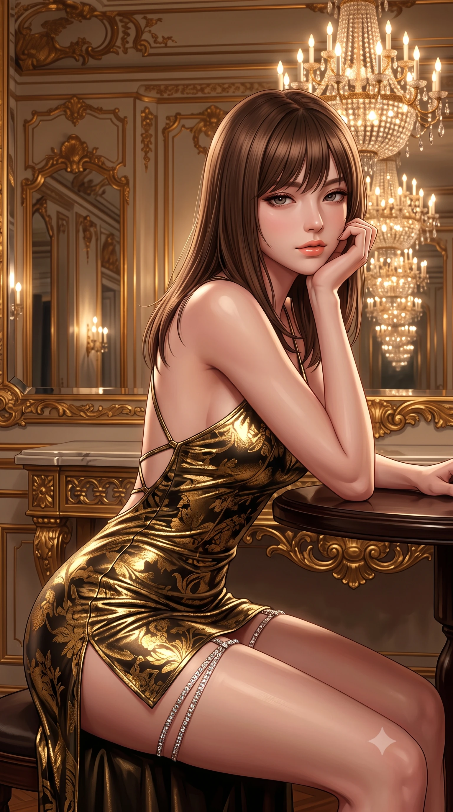 score_9, masterpiece, best quality, ultra-detailed, high-budget anime keyframe, semi-realistic 3D game render, editorial fashion photography, tasteful artistic composition, Korean woman. close-up cowboy shot from the waist and thighs up, the character dominates the composition, filling the frame with her large presence. resting one elbow on the table and supporting her chin, leaning close to the camera with heavy-lidded sparkling eyes and parted lips while leaning against the gilded console pier with hips cocked back, casting an intoxicating smoldering bedroom-gaze into the bevelled mirrors. The surrounding environment is rendered in vivid detail and crisp panoramic clarity: detailed outfit tailoring, delicate trims, and imperial Austrian architecture in razor-sharp precision. She has an exceptionally elegant, slender, and willowy female figure with an ultra-slim waist, flat toned midriff, narrow ribcage, and sculpted feminine hips creating an alluring, slim hourglass silhouette without bulk. sharp v-shaped jawline, high-bridge nose, intricate jewel-like sparkling eyes with depth, thick eyelashes, glossy parted lips with a natural peach sheen, bright cheerful beaming smile with an enchanting and coquettish sensual glint, exuding both youthful cute charm and seductive allure, flawlessly proportioned anatomical accuracy, strict slender model proportions, natural body alignment, perfectly sculpted long slender limbs, ultra-slim waistline, clean dynamic posture without body distortion. wearing a backless liquid lamé mini dress with criss-cross spinal straps and daring side slit in Viennese golden secession noir and imperial 24k gold leaf, woven from buttery-soft stretch lambskin leather adhering to her body like a second skin, finished with delicate crystal-encrusted thigh garter straps glinting in the dim light, the impeccably tailored cut draping gracefully along her slender figure with aristocratic poise. bathed in the sparkling multi-tiered illumination of antique Austrian crystal chandeliers dimmed to an evening glow. highly saturated vibrant anime colors, detailed shading with soft gradients, rich glossy textures, high-contrast stereoscopic depth, volumetric dynamic lighting, master piece, 9:16 ratio