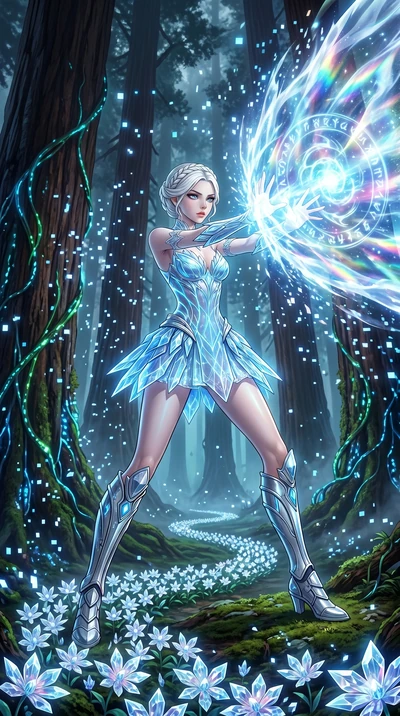 score_9, masterpiece, best quality, ultra-detailed, Set A: High-budget Anime Keyframe, Korean woman. Low angle cowboy shot filling the entire 9:16 frame with her statuesque presence. Theme: Primal Nature. unleashing a massive energy wave in a giant r