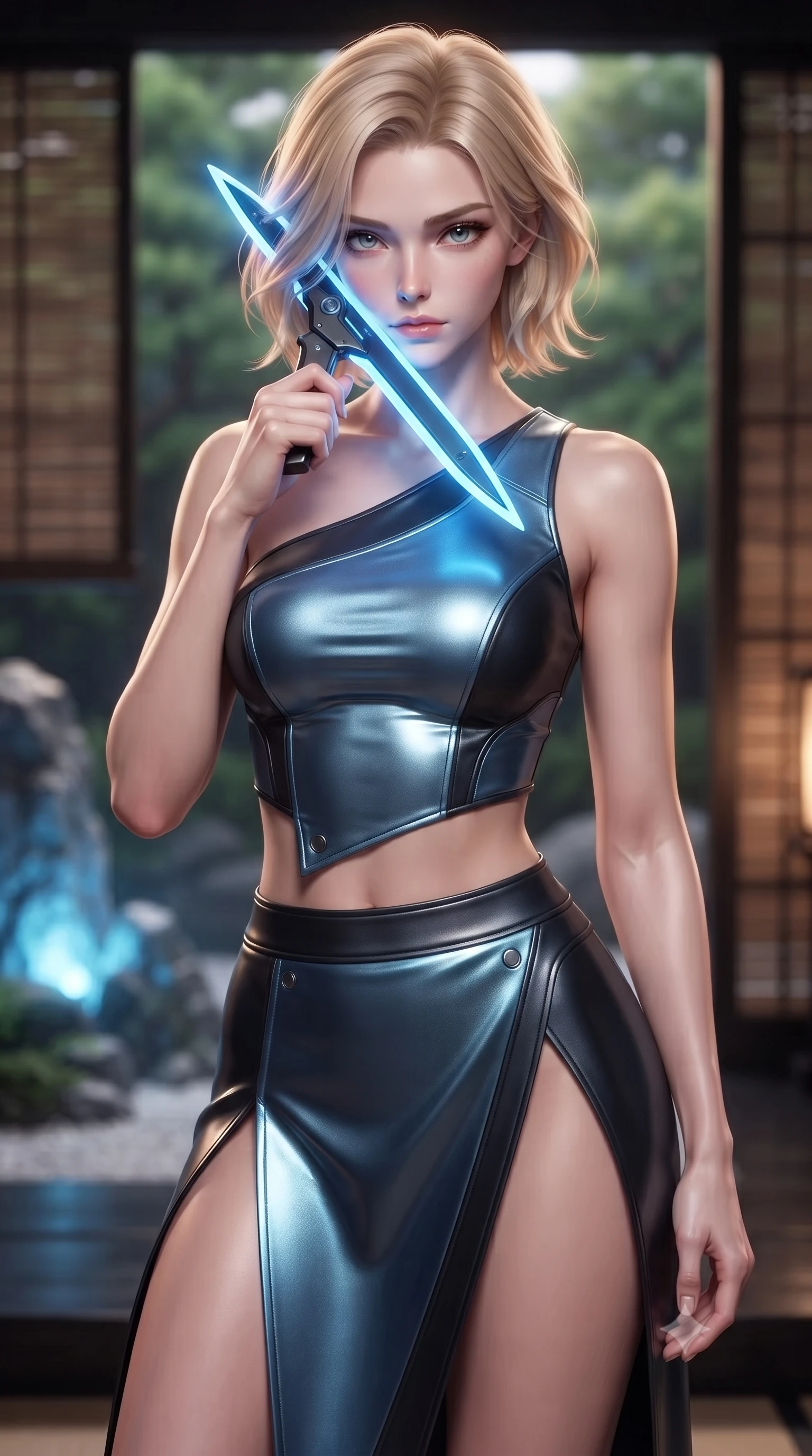 score_9, masterpiece, best quality, ultra-detailed, high-budget anime keyframe, editorial fashion photography, tasteful artistic composition, Caucasian woman. close-up cowboy shot from the waist and thighs up, the character dominates the composition, filling the frame with her large presence, background elements kept in soft focus. pressing the flat side of a glowing vibro-blade against her cheek, locking eyes with the viewer with bedroom-eyes, the background shows a soft-focus a rock garden veranda made of polished obsidian wood and bamboo screens. She has an exceptionally elegant, slender, and willowy female figure with an ultra-slim waist, a gracefully sculpted slender torso, and a refined silhouette. sharp v-shaped jawline, high-bridge nose, intricate jewel-like eyes with depth, thick eyelashes, glossy lips with a natural sheen. wearing a tailored asymmetric one-shoulder nanotech bodice paired with a daring high-slit tactical utility wrap skirt. soft blue light radiating from digital rocks onto her refined profile. ultra-reflective glossy finish, specular highlights, metallic sheen, high-contrast stereoscopic depth, volumetric dynamic lighting, 2k, ultra detail, master piece, 9:16 ratio