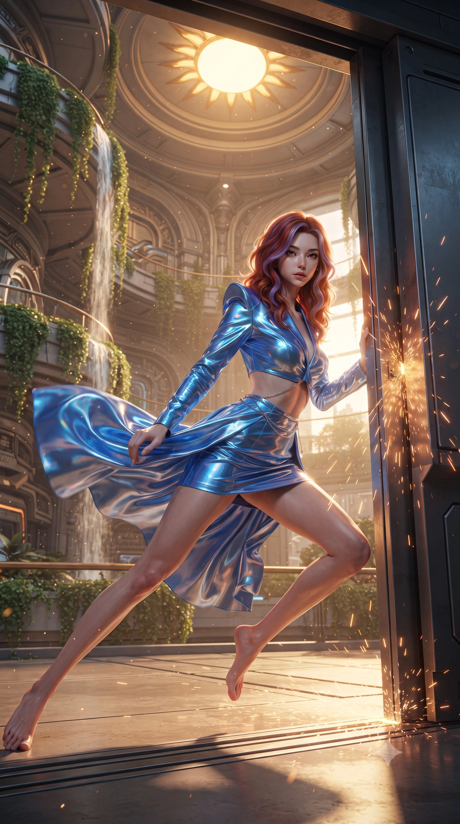 score_9, masterpiece, best quality, ultra-detailed, high-budget anime keyframe, editorial fashion photography, tasteful artistic composition, realistic cosplay photography, Caucasian woman, strictly human ears. low angle full-body shot from head to toe showing her feet, filling the entire 9:16 vertical frame with her statuesque presence, stretching her vertical silhouette. sliding underneath a closing blast door in a sleek combat stance with sparks flying around her inside a futuristic garden inside an arcology skyscraper, balconies covered in cascading green vines and waterfalls, an artificial sun in the ceiling. She has a statuesque 8.5-heads proportion, an exceptionally tall, slender and willowy model-like build with impossibly long legs and a highly sculpted ultra-slim waist. sharp v-shaped jawline, high-bridge nose, intricate jewel-like eyes with depth, thick eyelashes, glossy lips with a natural sheen. wearing the lightweight fabric rippling and billowing dramatically with her movement, a tailored holographic mini dress in electric blue, featuring structured shoulder pads, an exposed midriff, and a silver waist chain. golden hour sunlight streaming in warm shafts with floating dust particles catching the light. ultra-reflective glossy finish, specular highlights, metallic sheen, high-contrast stereoscopic depth, volumetric dynamic lighting, 2k, ultra detail, master piece, 9:16 ratio