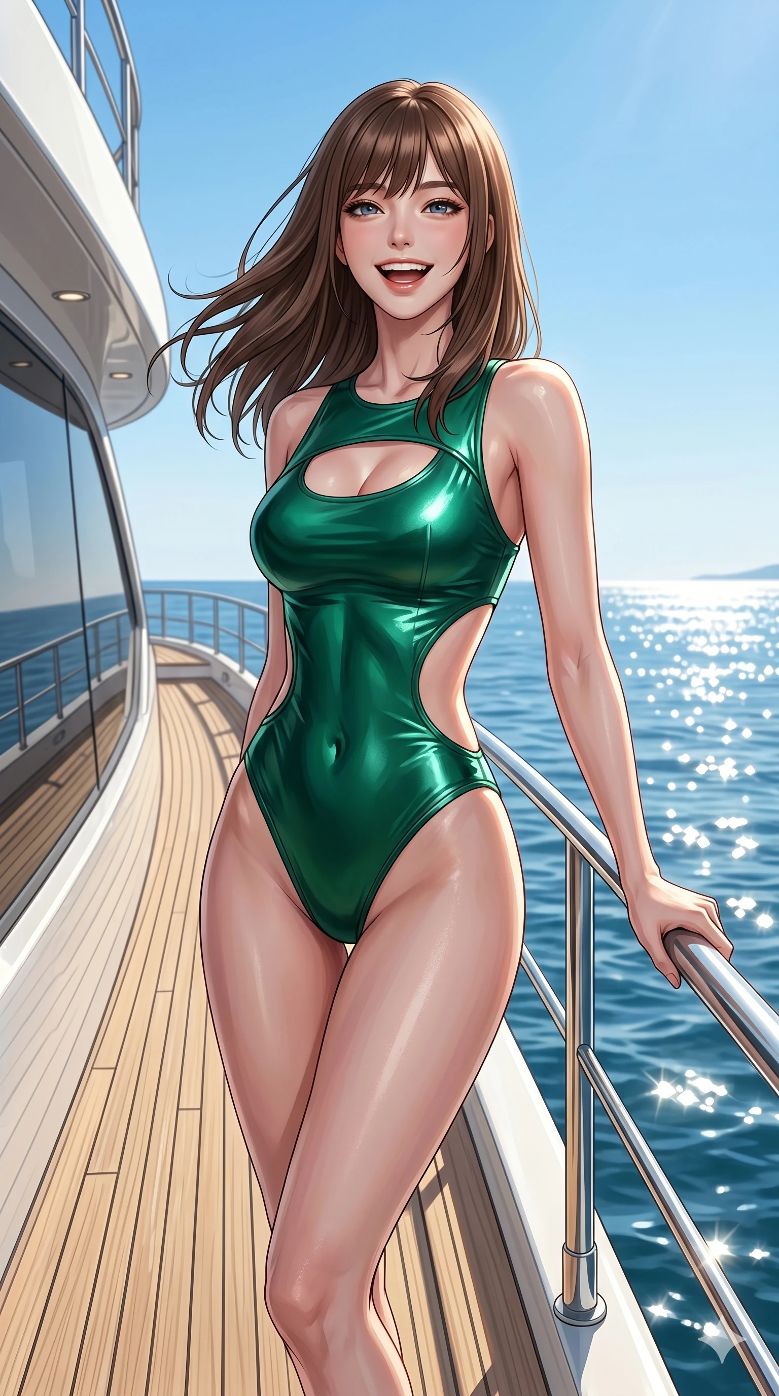 score_9, masterpiece, best quality, ultra-detailed, high-budget anime keyframe, editorial fashion photography, tasteful artistic composition, Korean woman. cowboy shot from the thighs up, character and outfit filling the frame for maximum editorial presence. holding onto the steel railing with a confident power pose, laughing happily as her hair catches the breeze on the teak deck of a luxury yacht sailing under a clear bright summer sky. She has an absolutely perfect 8-heads proportion, an exceptionally tall and slender female figure with impossibly long slender legs and an ultra-slim waist. V-shaped jawline, high-bridge nose, intricate jewel-like eyes with depth, thick eyelashes, glossy lips with a natural sheen. wearing a wet-look emerald green bodysuit with a tasteful chest cutout and dramatic side cutouts. bathed in brilliant morning sunshine reflecting off the water, casting glittering light patterns across her skin. 2k, ultra detail, master piece, 9:16 ratio