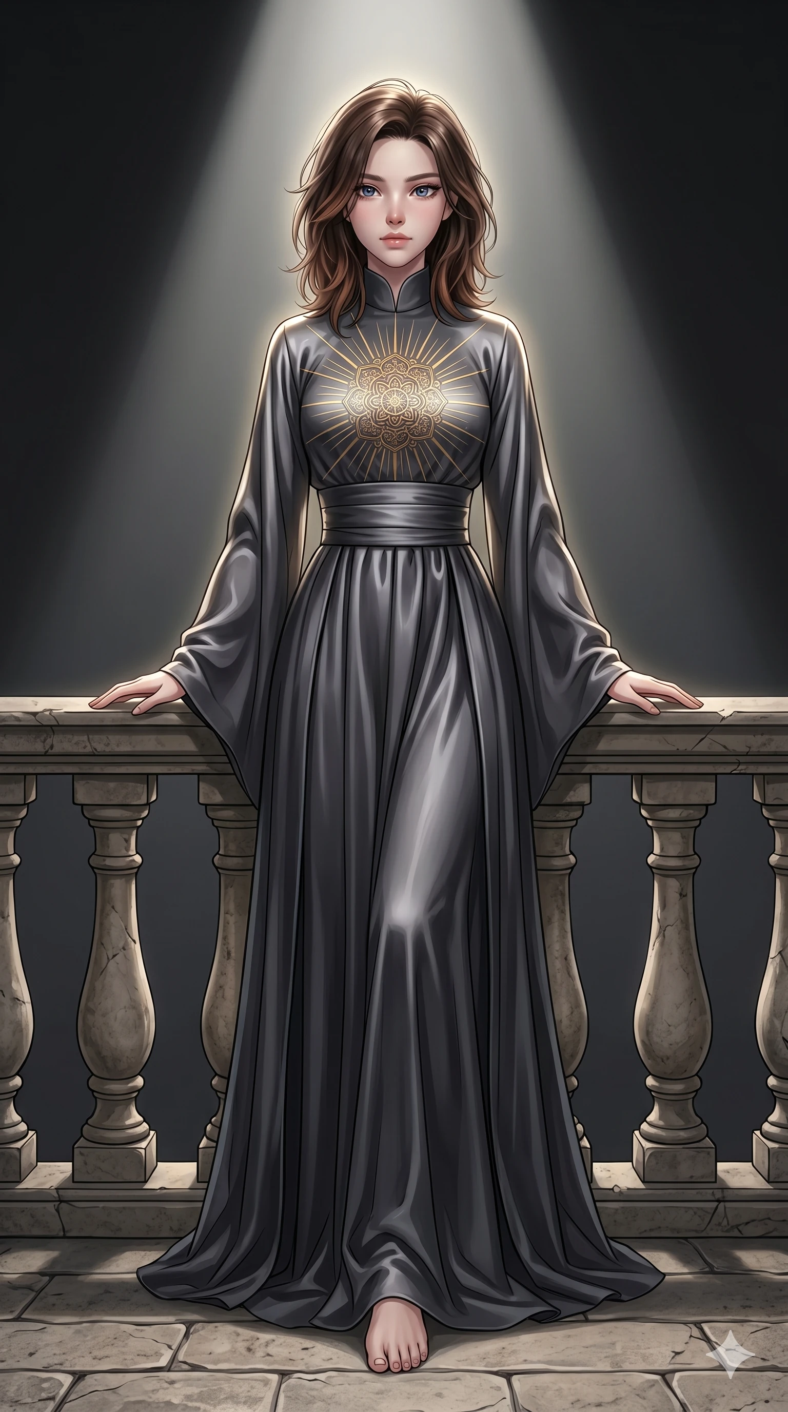 score_9, masterpiece, best quality, ultra-detailed, high-budget anime keyframe, editorial fashion photography, tasteful artistic composition, Korean woman. low angle full-body shot from head to toe showing her feet, filling the entire 9:16 vertical frame with her statuesque presence, stretching her vertical silhouette. resting her hands on the stone railing, looking past the camera with wistful, serene self-assurance inside a high-fashion studio with a dark grey backdrop and a spotlight (Code-P18-019). She has an absolutely perfect 8-heads proportion, an exceptionally tall and slender female figure with impossibly long slender legs and an ultra-slim waist. V-shaped jawline, high-bridge nose, intricate jewel-like eyes with depth, thick eyelashes, glossy lips with a natural sheen. wearing a high-neck heavy silk robe with elegant flowing sleeves and a wide sash. brilliant golden rays radiating from the center mandala, creating a holy glowing aura. 2k, ultra detail, master piece, 9:16 ratio