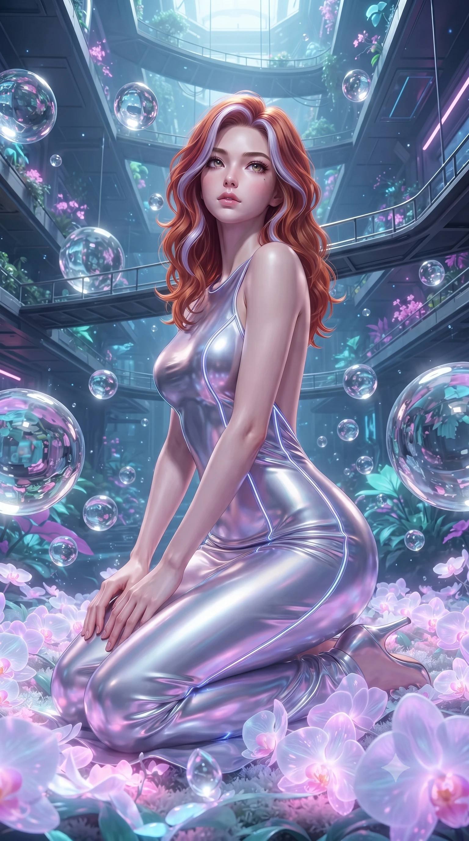score_9, masterpiece, best quality, ultra-detailed, High-budget Anime Keyframe, editorial fashion photography, tasteful artistic composition, realistic cosplay photography, Caucasian woman, strictly human ears. Low angle cowboy shot filling the entire 9:16 frame with her statuesque presence. Scenario 285: kneeling on a soft bed of glowing neon orchids under a zero-gravity sanctuary filled with floating water spheres. Her presence is magnetic and overpowering in this high-budget cinematic scene. Outfit 285: a form-contouring molten liquid silk liquid with a backless design and glowing LED seams. The clothing is designed to emphasize her exceptionally tall and slender 8-heads proportion. 8-heads proportion, towering silhouette, ultra-slim waist. sharp v-shaped jawline, intricate jewel-like eyes with depth, thick eyelashes, glossy lips. ultra-reflective glossy finish, specular highlights, metallic sheen, high-contrast stereoscopic depth, volumetric dynamic lighting, 2k, ultra detail, master piece, 9:16 ratio