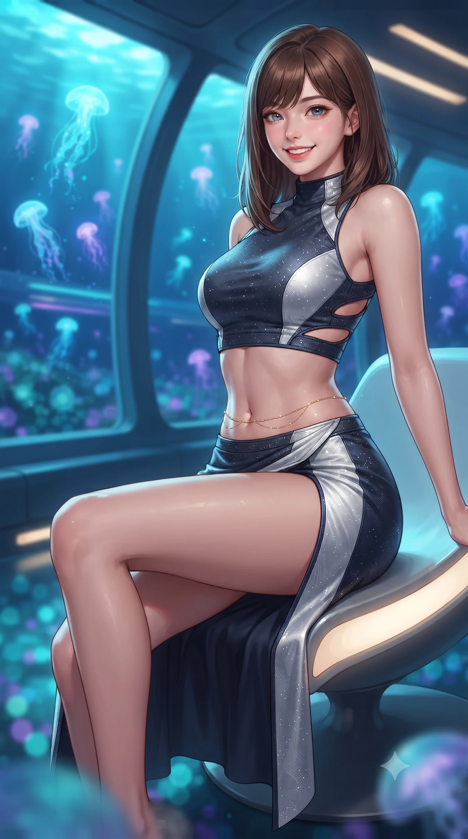 score_9, masterpiece, best quality, ultra-detailed, high-budget anime keyframe, editorial fashion photography, tasteful artistic composition, Korean woman. close-up cowboy shot from the waist and thighs up, the character dominates the composition, filling the frame with her large presence. perched sideways on the lounge seat, one knee drawn up to showcase her slender leg line while her arched back accentuates her feminine hip curve while twisting her slender torso in an alluring S-curve beside the departure concourse, pulsating turquoise water caustics caressing her flat midriff and hips. The background shows a soft-focus drifting swarms of cyan and lavender bioluminescent jellyfish, streaks of submerged maglev lights, and deep ocean floor blurred into turquoise, lilac, and sapphire bokeh. She has an exceptionally elegant, slender, and willowy female figure with an ultra-slim waist, flat toned midriff, narrow ribcage, and sculpted feminine hips creating an alluring, slim hourglass silhouette without bulk. sharp v-shaped jawline, high-bridge nose, intricate jewel-like sparkling eyes with depth, thick eyelashes, glossy parted lips with a natural peach sheen, bright cheerful beaming smile with an enchanting and coquettish sensual glint, exuding both youthful cute charm and seductive allure, flawlessly proportioned anatomical accuracy, strict slender model proportions, natural body alignment, perfectly sculpted long slender limbs, ultra-slim waistline, clean dynamic posture without body distortion. wearing an alluring tactical crop top with asymmetrical side-rib cutouts and high-neck collar paired with a high-slit wrap skirt in pristine orbital navy white and silver starlight, woven from structured carbon-fiber jacquard with rich textural depth, accented with a dainty gold belly chain resting across her flat midriff and curving hips, the high-slit wrap tailoring accentuating her ultra-slim waistline and the enchanting curve of her feminine hips with alluring seductive charm. bathed in brilliant underwater cyan caustic ribbons combined with warm 2800K platform recessed downlights. ultra-reflective glossy finish, specular highlights, rich textural contrasts, high-contrast stereoscopic depth, volumetric dynamic lighting, 2k, ultra detail, master piece, 9:16 ratio