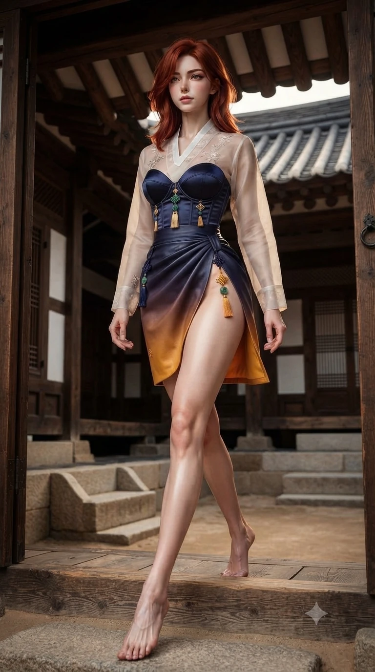 score_9, masterpiece, best quality, ultra-detailed, high-budget anime keyframe, editorial fashion photography, tasteful artistic composition, Korean woman. low angle full-body shot from head to toe showing her feet, filling the entire 9:16 vertical frame with her statuesque presence, stretching her vertical silhouette. stepping forward in a confident stride, her long slender legs and curvaceous hips creating a dynamic, sweeping vertical line while stepping gracefully over the raised wooden threshold, her long slender legs and curvy hourglass hips commanding the frame. The surrounding environment is rendered in vivid detail and crisp panoramic clarity: detailed deep V-neck sheer hanbok blouse tailoring, silk bandeau, and historic architectural framing in razor-sharp clarity. She has an absolutely perfect, statuesque 8.5-heads proportion, an exceptionally tall and slender model-like female figure with impossibly long slender legs, an ultra-slim waist, a flat toned midriff, narrow delicate ribcage, and beautifully sculpted feminine hips creating a graceful, slim hourglass silhouette without any bulky heaviness. sharp v-shaped jawline, high-bridge nose, sparkling eyes with hypnotic seductive depth, thick curled eyelashes, glossy parted lips with a natural dewy peach sheen, alluring bedroom-eyes with an enchanting coquettish smile, exuding magnetic siren charisma and sophisticated glamour, flawlessly proportioned anatomical accuracy, strict slender model proportions, natural body alignment, perfectly sculpted long slender limbs, ultra-slim waistline, clean dynamic posture without body distortion. wearing a structured underwire silk bustier top with norigae accents paired with a high-cut draped sarong mini wrap in midnight indigo and glowing lantern topaz, made of supple butter-soft lambskin leather with a subtle satin sheen, finished with authentic carved jade pendants and traditional norigae knots, the precision-cut side openings and low-back scoop framing her graceful spine and the sensual sweep of her slim, toned hips. illuminated by timber floor bounce and sharp rose-gold rim lights defining her razor-sharp jawline, narrow waist, and curvy hips. ultra-reflective glossy finish, specular highlights, rich textural contrasts, high-contrast stereoscopic depth, volumetric dynamic lighting, 2k, ultra detail, master piece, 9:16 ratio