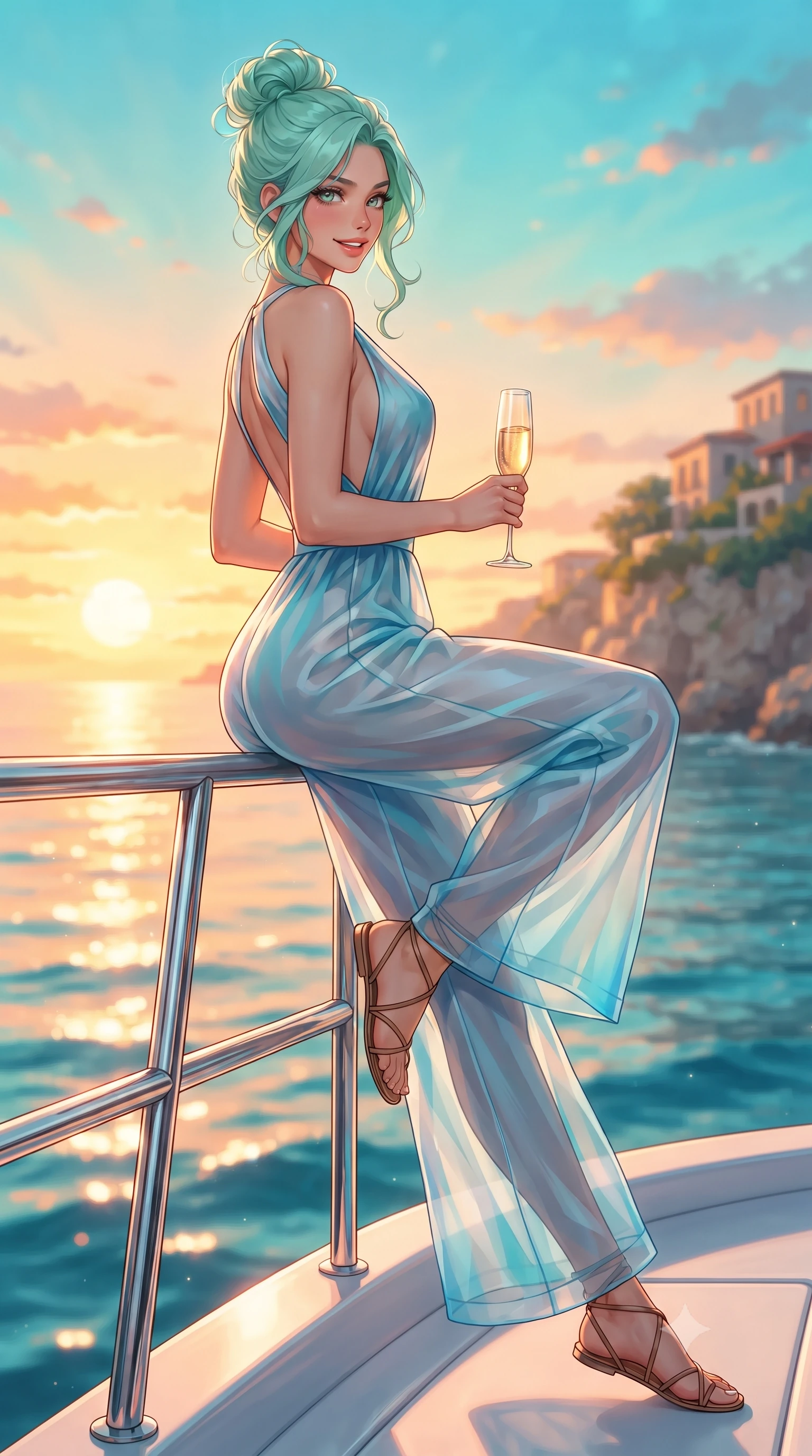 score_9, masterpiece, best quality, ultra-detailed, high-budget anime keyframe, editorial fashion photography, tasteful artistic composition, Japanese woman. low angle full-body shot from head to toe showing her feet, filling the entire 9:16 vertical frame with her statuesque presence, stretching her vertical silhouette. reclining on her side in an elegant Cleopatra pose with one knee drawn up, the dramatic contour of her rounded hips and long slender legs commanding the 9:16 vertical frame while perching on the chrome stern railing of a luxury superyacht with hips angled toward the sunset, looking back over her shoulder with an intoxicating smile. The composition keeps background elements in soft focus with creamy bokeh. glittering golden Mediterranean waves and distant coastal cliff villas blurred into molten amber, peach, and turquoise bokeh. She has an absolutely perfect, statuesque 8.5-heads proportion, an exceptionally tall and slender model-like female figure with impossibly long slender legs, a toned flat midriff, an ultra-slim waist, and beautifully sculpted feminine hips. sharp v-shaped jawline, high-bridge nose, intricate jewel-like eyes with depth, thick eyelashes, glossy parted lips with a natural sheen, intensely captivating and seductive bedroom-eyes expression, flawlessly proportioned anatomical accuracy, strict slender model proportions, natural body alignment, perfectly sculpted long slender limbs, ultra-slim waistline, clean dynamic posture without body distortion. wearing a plunging-V neckline resort jumpsuit with an open back and wide palazzo legs in Aegean azure blue and crisp white, crafted from weightless prism organza that refracts light with every motion, accessorized with minimalist leather wrap sandals and a champagne flute in hand, the glove-like aerodynamic silhouette tightly following the natural contour of her hips and long slender legs with statuesque precision. surrounded by an opulent, sun-drenched, and breathtakingly seductive jet-set heiress aura. ultra-reflective glossy finish, specular highlights, rich textural contrasts, high-contrast stereoscopic depth, volumetric dynamic lighting, 2k, ultra detail, master piece, 9:16 ratio
