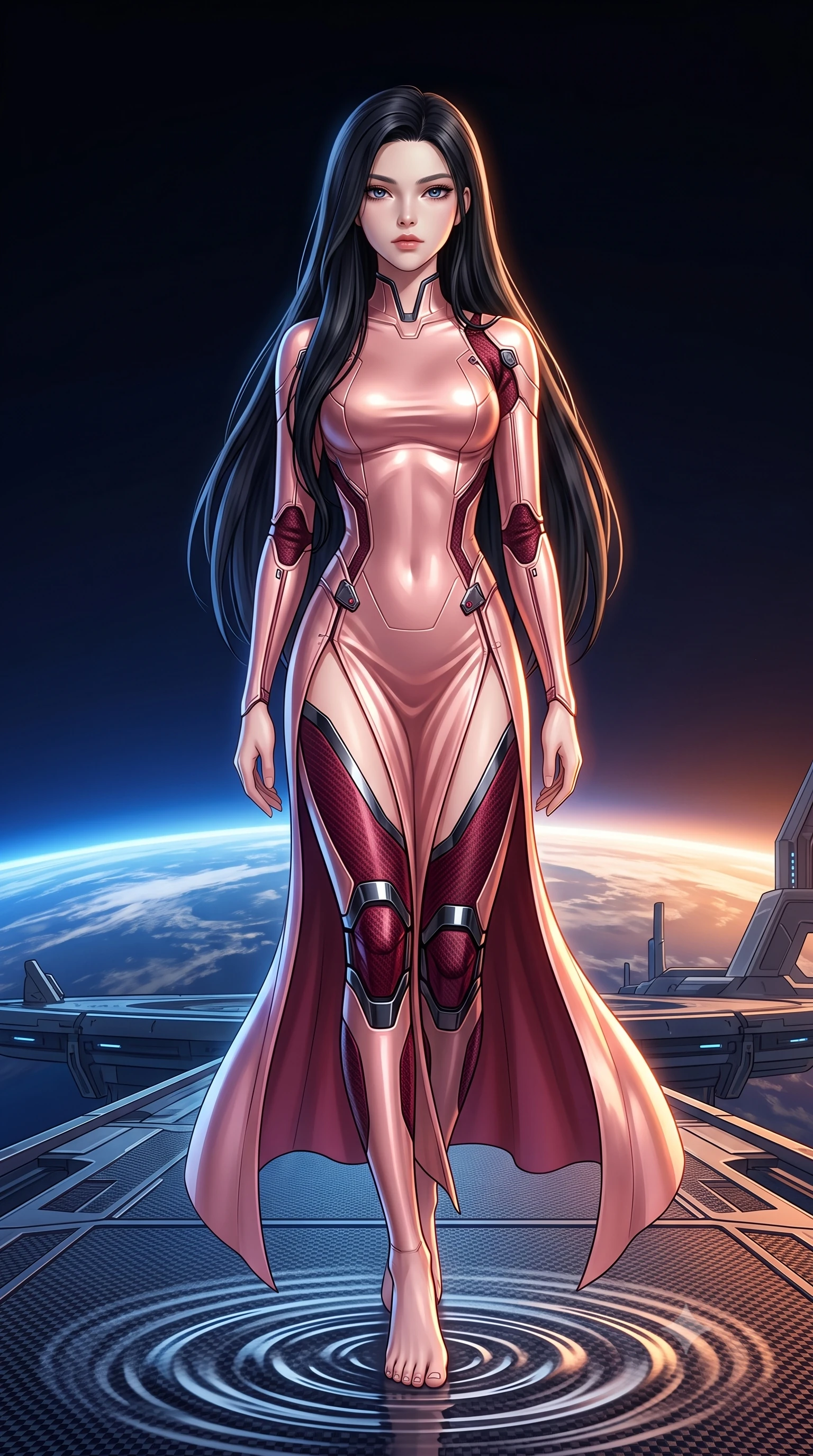 score_9, masterpiece, best quality, ultra-detailed, high-budget anime keyframe, semi-realistic 3D game render, editorial fashion photography, tasteful artistic composition, Korean woman. low angle full-body shot from head to toe showing her feet, filling the entire 9:16 vertical frame with her statuesque presence, stretching her vertical silhouette. landing gracefully from a high-altitude leap on one knee and palm, her statuesque silhouette framed by radial shockwave ripples in the ground while stretching her slender torso in an alluring S-curve on the carbon walkway with the curved horizon of Earth glowing below. The surrounding environment is rendered in vivid detail and crisp panoramic clarity. high-contrast orbital chiaroscuro and monumental space-age engineering captured with environmental precision. She has an absolutely perfect, statuesque 8.5-heads proportion, an exceptionally tall and slender model-like female figure with impossibly long slender legs, a toned flat midriff, and an ultra-slim waist. sharp v-shaped jawline, high-bridge nose, intricate jewel-like eyes with depth, thick eyelashes, glossy lips with a natural sheen, flawlessly proportioned anatomical accuracy, strict slender model proportions, natural body alignment, perfectly sculpted long slender limbs, ultra-slim waistline, clean dynamic posture without body distortion. wearing a form-fitting luminous rose-gold carbon combat gown with tactical high leg slits and flexible kinetic knee articulation in deep crimson carbon weave with specular dark chrome accents, made of lightweight aerodynamic carbon-titanium alloy with polished edge bevels, finished with high-mobility flexible limb seams and miniature magnetic armor locks, the sleek second-skin cut tightly hugging her graceful clavicle, narrow waist, and feminine curves with athletic precision. surrounded by an elevated, supreme, and radiantly commanding aerospace martial goddess aura. rich saturated anime colors with glowing neon highlights, detailed shading with soft gradients, rich glossy textures, high-contrast stereoscopic depth, volumetric dynamic lighting, master piece, 9:16 ratio