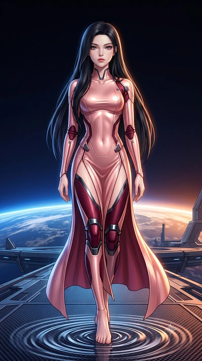 score_9, masterpiece, best quality, ultra-detailed, high-budget anime keyframe, semi-realistic 3D game render, editorial fashion photography, tasteful artistic composition, Korean woman. low angle full-body shot from head to toe showing her feet, fil
