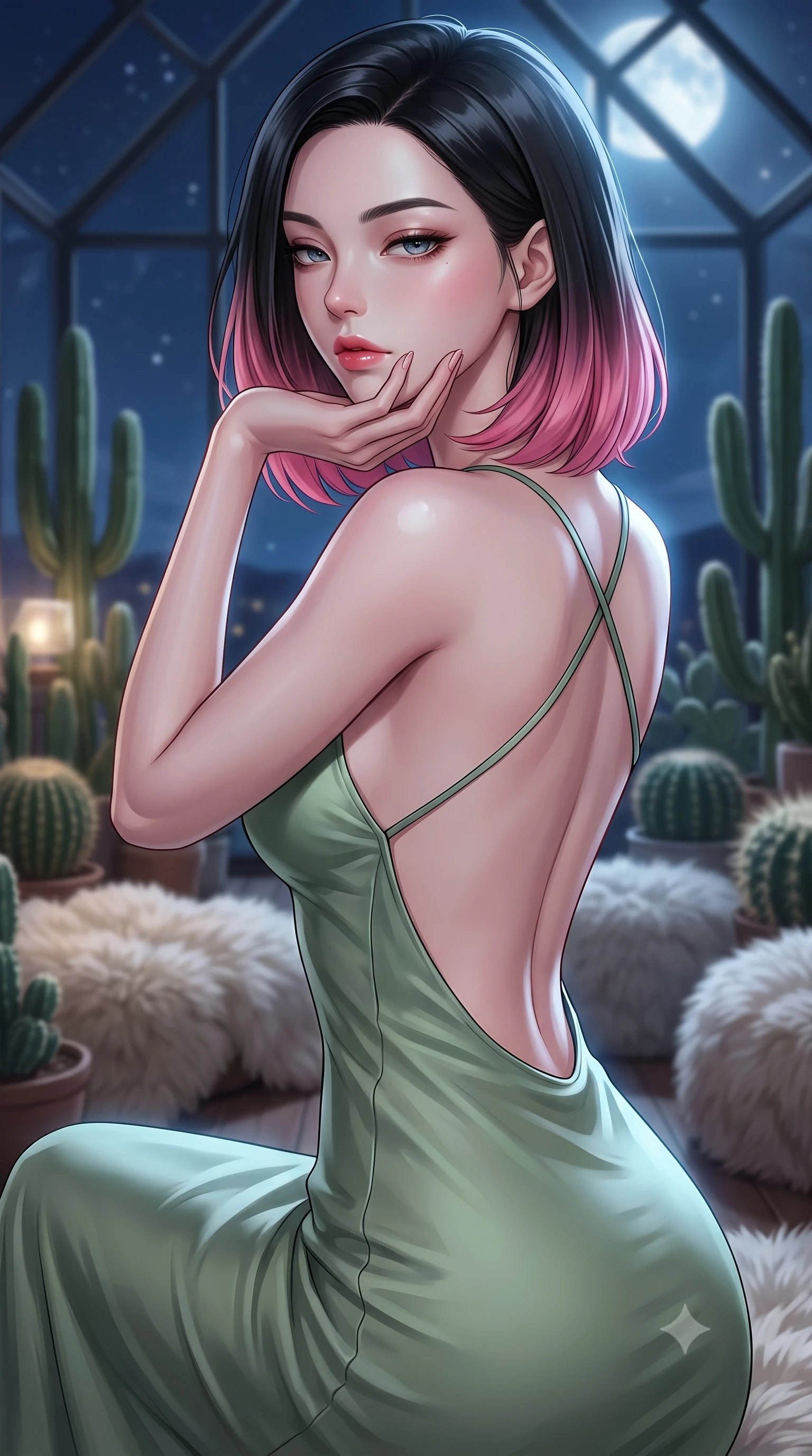 score_9, masterpiece, best quality, ultra-detailed, high-budget anime keyframe, editorial fashion photography, tasteful artistic composition, Korean woman. close-up cowboy shot from the waist and thighs up, the character dominates the composition, filling the frame with her large presence, background elements kept in soft focus. resting her chin on the backs of her fingers, casting a heavy-lidded, sultry look past the camera the background shows a soft-focus a glass-walled observatory filled with cacti and plush sheepskin rugs at night. She has an exceptionally elegant, slender, and willowy female figure with an ultra-slim waist, a gracefully sculpted slender torso, and a refined silhouette. sharp v-shaped jawline, high-bridge nose, intricate jewel-like eyes with depth, thick eyelashes, glossy lips with a natural sheen. wearing a form-contouring lightweight silk sundress in sage green with a dramatic open-back and thin criss-cross straps. soft silver moonlight wrapping her silhouette in a cool cosmic glow. highly saturated vibrant anime colors, detailed shading with soft gradients, rich glossy textures, high-contrast stereoscopic depth, volumetric dynamic lighting, master piece, 9:16 ratio