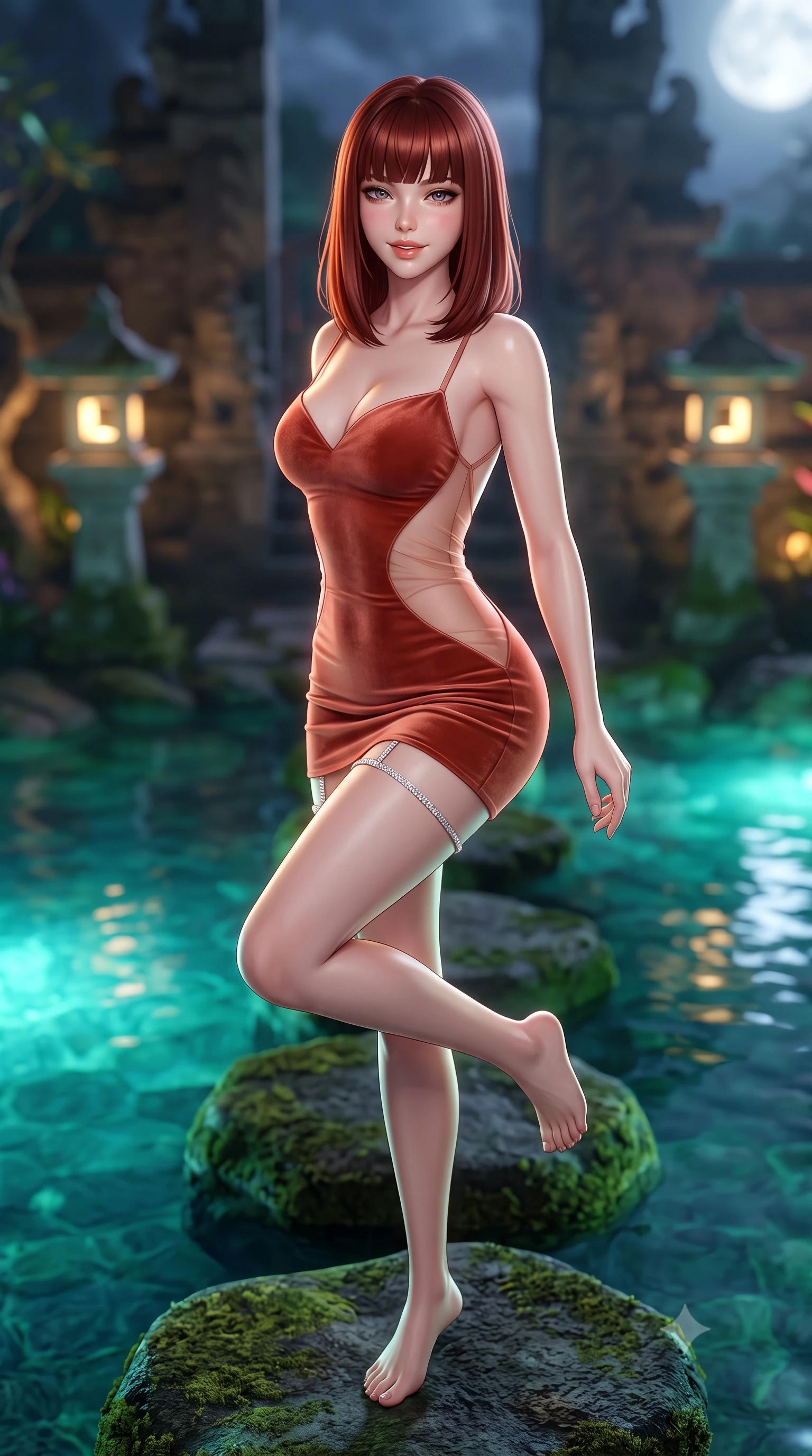 score_9, masterpiece, best quality, ultra-detailed, high-budget anime keyframe, semi-realistic 3D game render, editorial fashion photography, tasteful artistic composition, Caucasian woman. close-up cowboy shot from the waist and thighs up, the character dominates the composition, filling the frame with her large presence. perched sideways on the lounge seat, one knee drawn up to showcase her slender leg line while her arched back accentuates her feminine hip curve while standing poised on the mossy volcanic stepping stone in the natural spring lagoon, arching her back with hypnotic island siren allure. The background shows a soft-focus stone lantern glows softened in mystical Balinese sanctuary shallow focus. She has an exceptionally elegant, slender, and willowy female figure with an ultra-slim waist, flat toned midriff, narrow ribcage, and sculpted feminine hips creating an alluring, slim hourglass silhouette without bulk. sharp v-shaped jawline, high-bridge nose, sparkling eyes with hypnotic seductive depth, thick curled eyelashes, glossy parted lips with a natural dewy peach sheen, alluring bedroom-eyes with an enchanting coquettish smile, exuding magnetic siren charisma and sophisticated glamour, flawlessly proportioned anatomical accuracy, strict slender model proportions, natural body alignment, perfectly sculpted long slender limbs, ultra-slim waistline, clean dynamic posture without body distortion. wearing a deep sweetheart-neckline velvet bodycon dress with sheer side-torso cutouts accentuating her hourglass curves in Positano terracotta and blush peach, made of sheer gossamer chiffon that drapes softly against skin with airy translucence, finished with delicate crystal-encrusted thigh garter straps glinting in the dim light, the precision-cut side openings and low-back scoop framing her graceful spine and the sensual sweep of her slim, toned hips. bathed in luminous underwater aquamarine spring lighting paired with soft warm garden uplights and full moonlight. highly saturated vibrant anime colors, detailed shading with soft gradients, rich glossy textures, high-contrast stereoscopic depth, volumetric dynamic lighting, master piece, 9:16 ratio