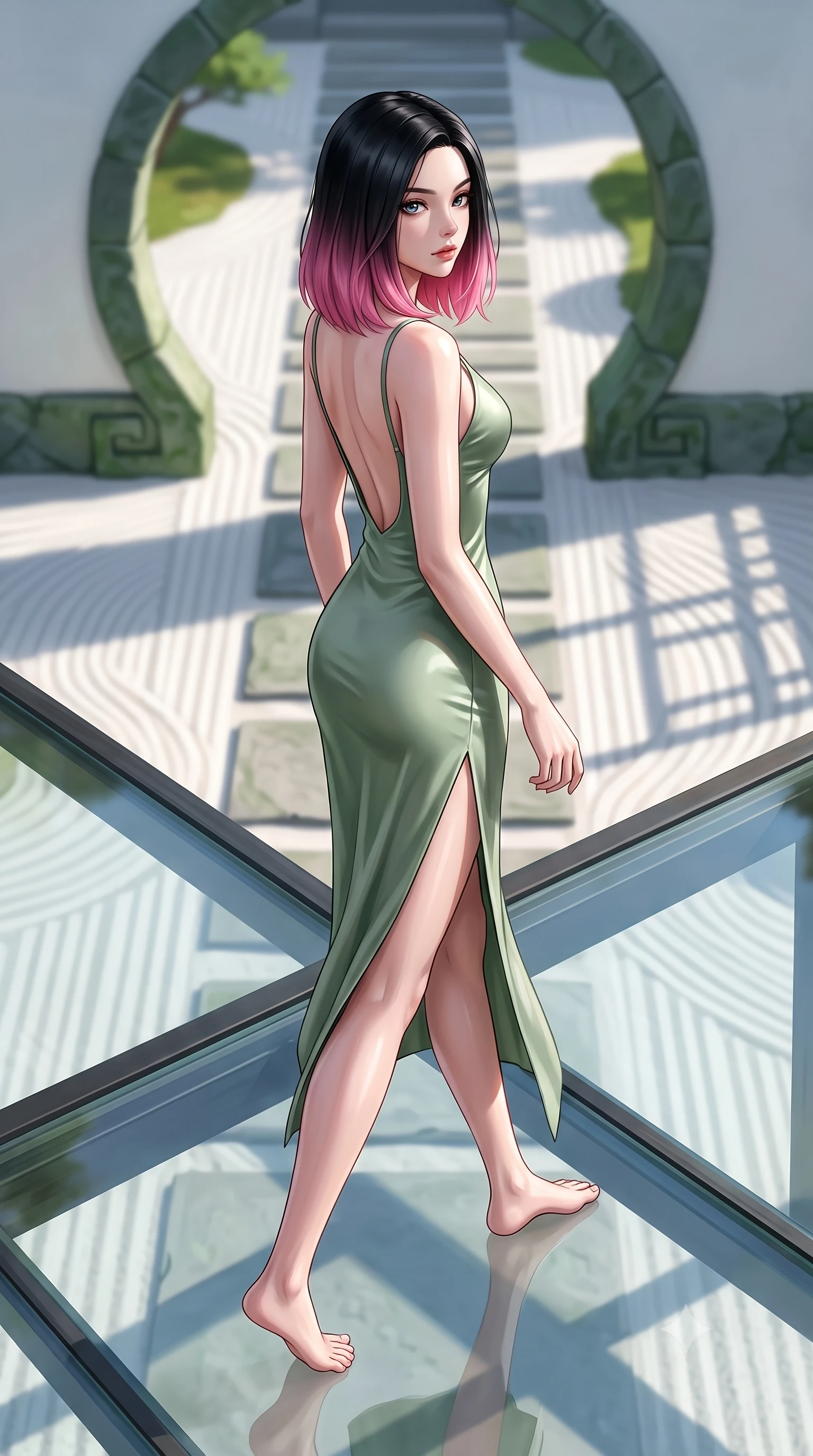 score_9, masterpiece, best quality, ultra-detailed, high-budget anime keyframe, editorial fashion photography, tasteful artistic composition, Korean woman. low angle full-body shot from head to toe showing her feet, filling the entire 9:16 vertical frame with her statuesque presence, stretching her vertical silhouette. walking slowly along a glass skybridge, looking back over her shoulder with an air of effortless grace, the background shows a soft-focus a tea pavilion garden path with raked white sand and green stone arches. She has an absolutely perfect, statuesque 8.5-heads proportion, an exceptionally tall and slender model-like female figure with impossibly long slender legs and an ultra-slim waist. sharp v-shaped jawline, high-bridge nose, intricate jewel-like eyes with depth, thick eyelashes, glossy lips with a natural sheen. wearing a body-hugging lightweight silk combat slip dress in sage green, featuring a high side slit and a low-cut back. crisp morning sunlight casting sharp, clean grid shadows across the sand. ultra-reflective glossy finish, specular highlights, metallic sheen, high-contrast stereoscopic depth, volumetric dynamic lighting, 2k, ultra detail, master piece, 9:16 ratio