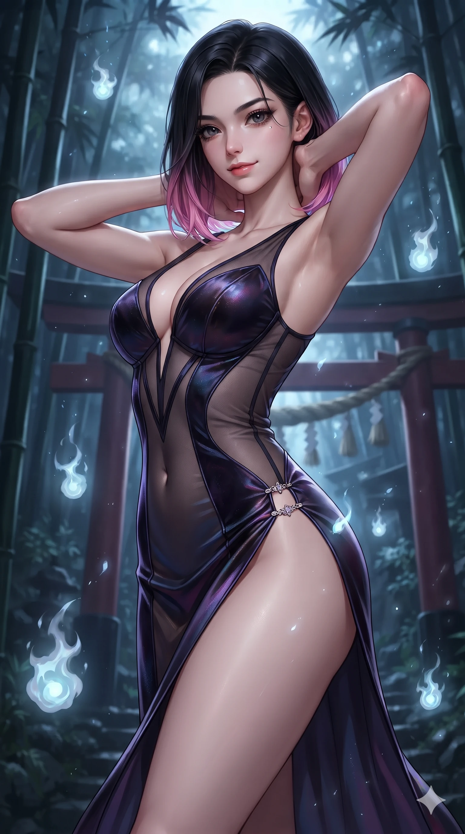 score_9, masterpiece, best quality, ultra-detailed, high-budget anime keyframe, editorial fashion photography, tasteful artistic composition, Korean woman. close-up cowboy shot from the waist and thighs up, the character dominates the composition, filling the frame with her large presence. resting both hands lightly behind her neck with elbows raised, arching her spine to highlight her narrow waist and flat midriff while twisting her slender torso in an alluring S-curve among towering black bamboo groves, floating spirit lights dancing across her curves. The background shows a soft-focus mystical Japanese forest shrine softened in spiritual nocturnal shallow focus. She has an exceptionally elegant, slender, and willowy female figure with an ultra-slim waist, flat toned midriff, narrow ribcage, and sculpted feminine hips creating an alluring, slim hourglass silhouette without bulk. sharp v-shaped jawline, high-bridge nose, intricate jewel-like dark sparkling eyes with hypnotic seductive depth, thick curled eyelashes, glossy parted lips with a natural wine sheen, alluring bedroom-eyes with an enigmatic smoldering smile, exuding magnetic sovereign charisma and dark avant-garde glamour, flawlessly proportioned anatomical accuracy, strict slender model proportions, natural body alignment, perfectly sculpted long slender limbs, ultra-slim waistline, clean dynamic posture without body distortion. wearing a sheer-illusion mesh corset gown with strategic opaque velvet panels framing her waist and hips in iridescent dark violet taffeta and midnight indigo, tailored from smooth liquid silk satin that clings smoothly to her narrow waist and rounded hips with a dewy sheen, finished with an ultra-high side slit secured by miniature jeweled clasps, contouring every curve with an exceptionally elegant silhouette and captivating allure. surrounded by a mysterious dark spiritual aura with sharp edge lighting and pale blue floating spirit fires. ultra-reflective glossy finish, specular highlights, metallic sheen, high-contrast stereoscopic depth, volumetric dynamic lighting, 2k, ultra detail, master piece, 9:16 ratio