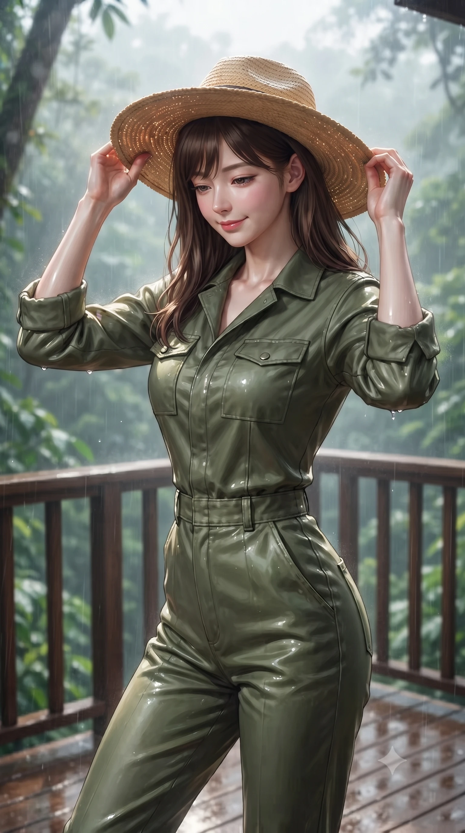score_9, masterpiece, best quality, ultra-detailed, high-budget anime keyframe, editorial fashion photography, tasteful artistic composition, Korean woman woman. close-up cowboy shot from the waist and thighs up, the character dominates the composition, filling the frame with her large presence, background elements kept in soft focus. holding a wide-brimmed straw hat with both hands against the breeze, looking down with a soft smile the background shows a soft-focus a wooden villa deck suspended high in the canopy of a tropical rainforest with misty air. She has an exceptionally elegant, slender, and willowy female figure with an ultra-slim waist, a gracefully sculpted slender torso, and a refined silhouette. sharp v-shaped jawline, high-bridge nose, intricate jewel-like eyes with depth, thick eyelashes, glossy lips with a natural sheen. wearing a slim-fit comfortable olive green cotton utility jumpsuit with a structured collar and rolled-up sleeves. sunbeams slicing through the damp forest air, creating volumetric light rays. ultra-reflective glossy finish, specular highlights, metallic sheen, high-contrast stereoscopic depth, volumetric dynamic lighting, 2k, ultra detail, master piece, 9:16 ratio