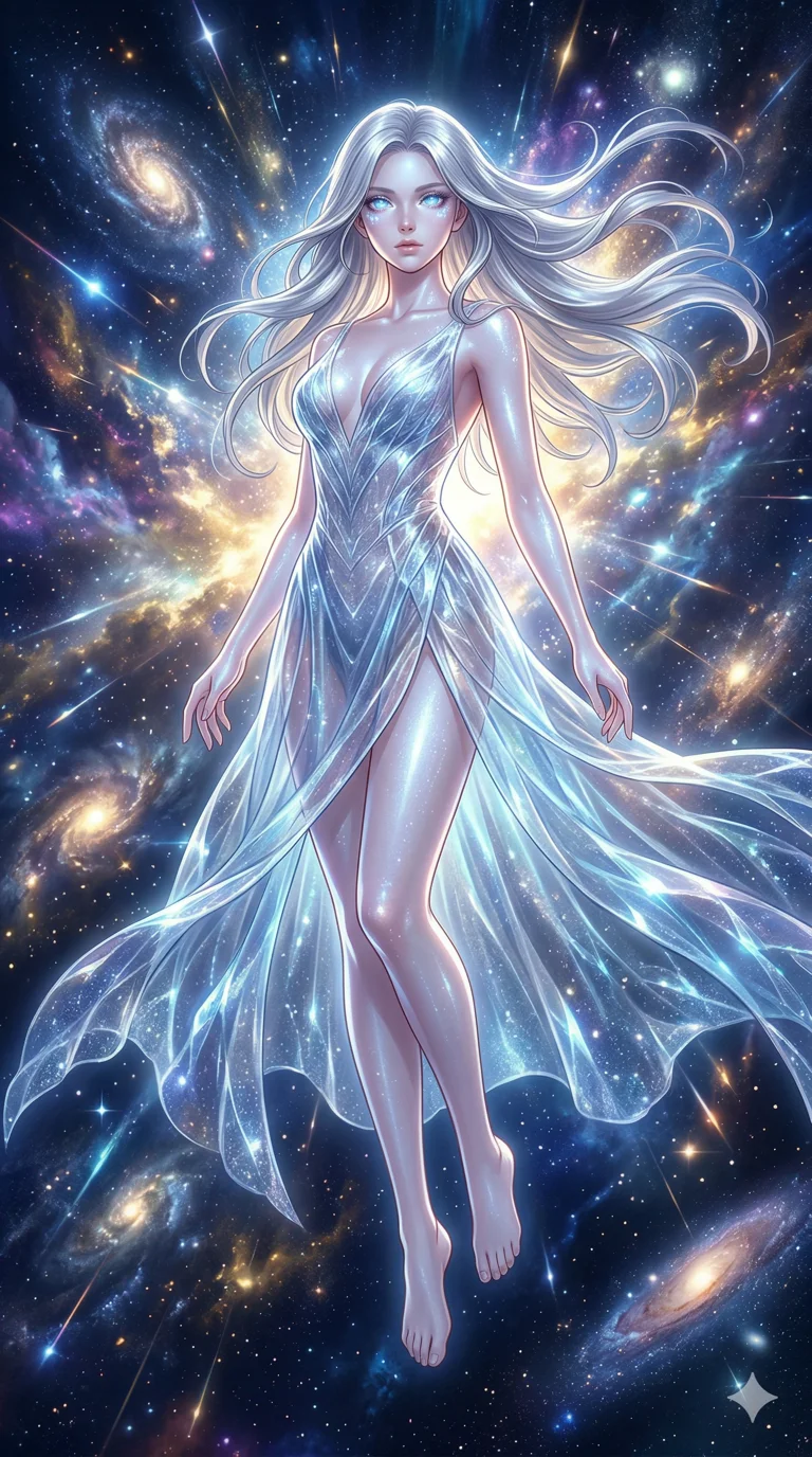 score_9, masterpiece, best quality, ultra-detailed, semi-realistic high-budget anime keyframe, an incredibly beautiful ethereal Caucasian woman with flawless pale skin (strictly human ears). Dynamic full-body shot stretching vertically. She is a star-child born from a dying star, surrounded by cosmic dust. She has an absolutely perfect 8-heads proportion, a towering female figure with long slender legs and a delicate skinny body. Her face is a masterpiece with silver hair and glowing crystalline eyes. She is wearing a translucent plastic gown made of starlight, highlighting her alluring silhouette. Cosmic explosion background, radiant glowing skin, dramatic rim lighting, 2k, ultra detail, master piece, 9:16 ratio