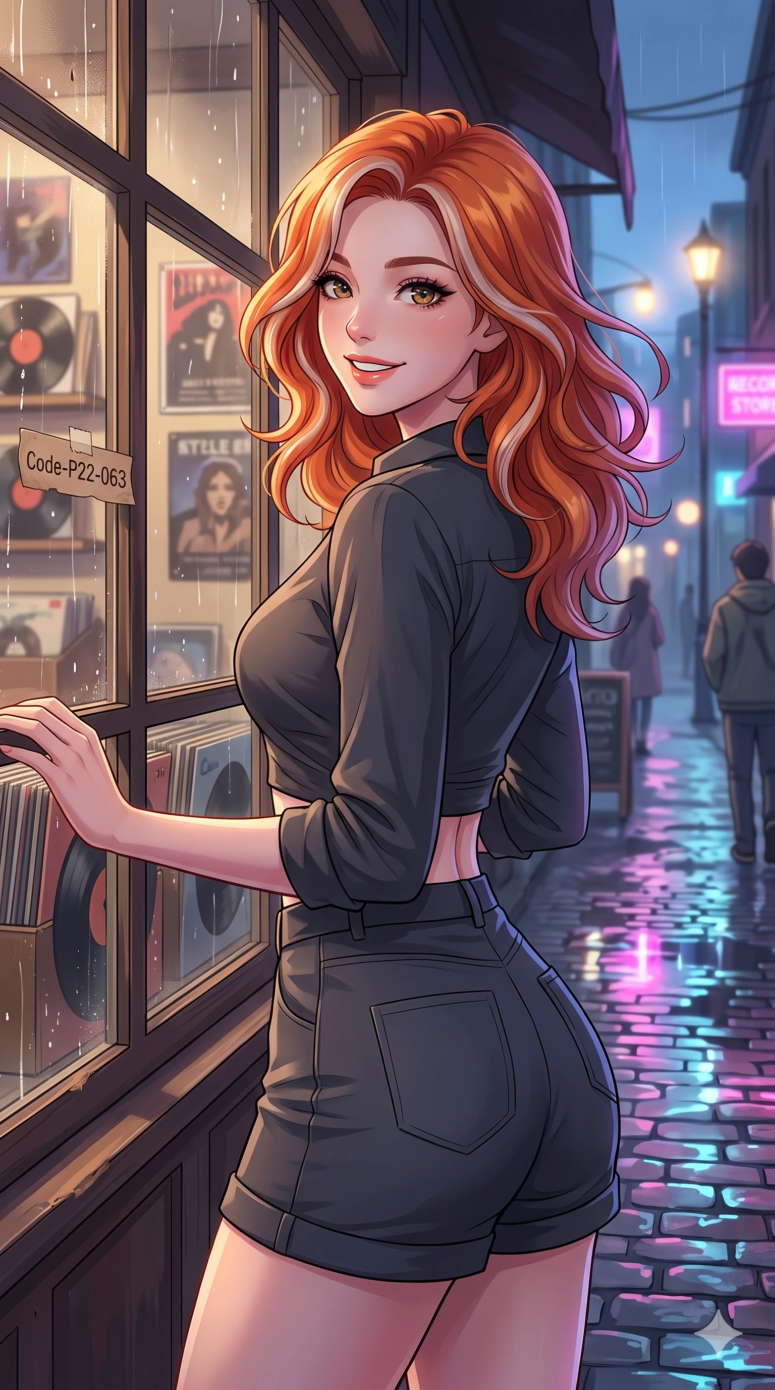 score_9, masterpiece, best quality, ultra-detailed, high-budget anime keyframe, vibrant anime aesthetic, Caucasian woman, strictly human ears. close-up cowboy shot from the waist and thighs up, the character dominates the composition, filling the frame with her large presence, background elements kept in soft focus. She is looking over her shoulder, smiling cheerfully at the viewer, with a bright, joyful gaze with a soft breath of wind in her hair. by the window of a cozy vintage record store, looking at the street through rain-streaked window panes (Code-P22-063). She has an absolutely perfect proportion, an exceptionally elegant and slender female figure with an ultra-slim waist. V-shaped jawline, high-bridge nose, intricate jewel-like eyes with depth, thick eyelashes, glossy lips with a natural sheen. wearing a cropped wrap shirt and high-waisted shorts in classic charcoal. She is lit by bright neon light reflections in water puddles, creating a glowing twilight aura, casting soft shadows that enhance her features along the cobblestone alley. 2k, ultra detail, master piece, 9:16 ratio