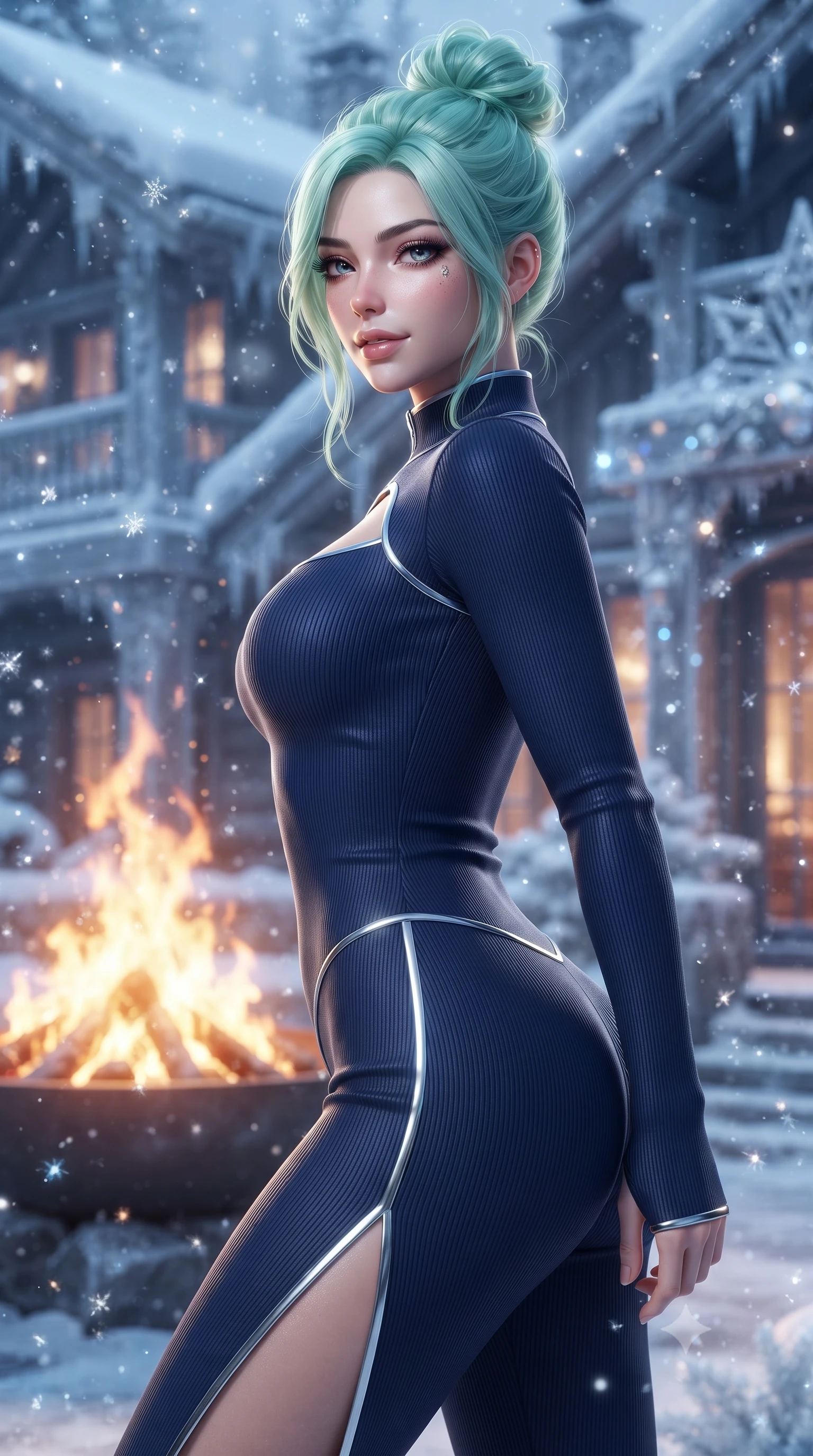 score_9, masterpiece, best quality, ultra-detailed, high-budget anime keyframe, editorial fashion photography, tasteful artistic composition, Japanese woman. close-up cowboy shot from the waist and thighs up, the character dominates the composition, filling the frame with her large presence, background elements kept in soft focus. Glancing sidelong over her shoulder with a smoldering half-smile and heavy lashes resting near a roaring outdoor fire pit as icy snowflakes glitter in the air, glistening frost crystals on architecture scattering silver and sapphire light. She has an exceptionally elegant, slender, and willowy female figure with an ultra-slim waist, a gracefully sculpted slender torso, and a refined silhouette. sharp v-shaped jawline, high-bridge nose, intricate jewel-like eyes with depth, thick eyelashes, glossy lips with a natural sheen. wearing a form-fitting ribbed activewear set with collar cutouts in midnight navy blue and chrome trim, formed from sleek second-skin neoprene, finished with a sleek side slit ascending to mid-thigh, the form-contouring material highlighting her ultra-slim waist and long lines. surrounded by an opulent, frozen fairytale ambiance with high specular shine. ultra-reflective glossy finish, specular highlights, metallic sheen, high-contrast stereoscopic depth, volumetric dynamic lighting, 2k, ultra detail, master piece, 9:16 ratio