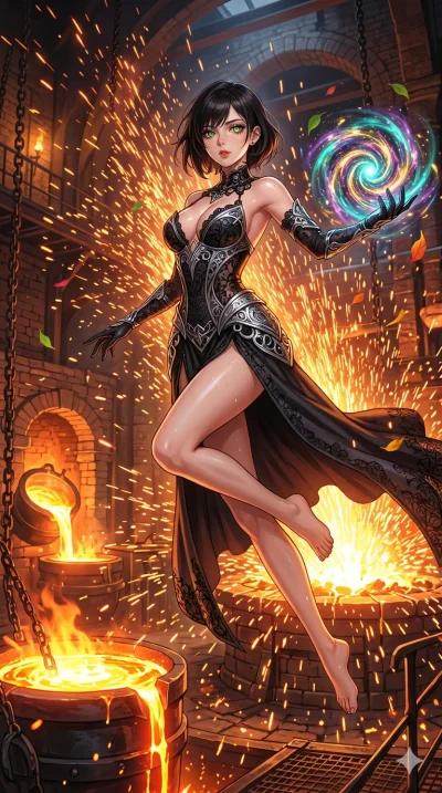 score_9, masterpiece, best quality, ultra-detailed, High-budget Anime Keyframe, beautiful Caucasian anime girl (strictly human ears). Low angle cowboy shot filling the entire 9:16 frame with her statuesque presence. Leaping through a shower of sparks