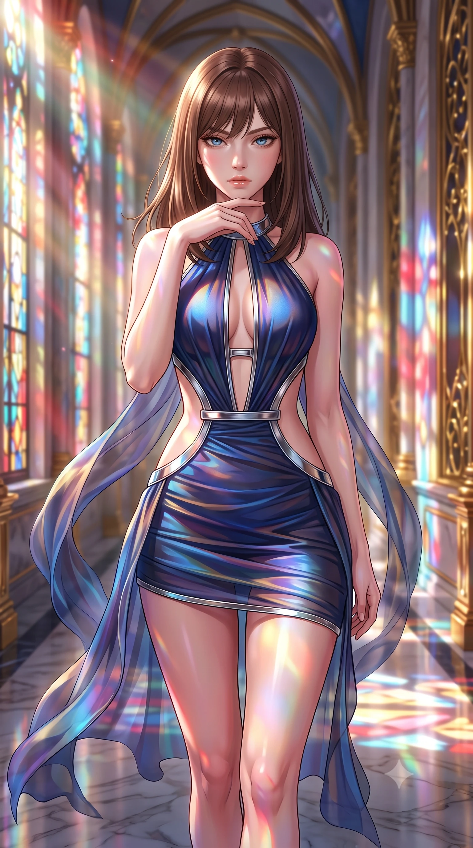 score_9, masterpiece, best quality, ultra-detailed, high-budget anime keyframe, editorial fashion photography, tasteful artistic composition, Korean woman. close-up cowboy shot from the waist and thighs up, the character dominates the composition, filling the frame with her large presence, background elements kept in soft focus. Resting her chin on the backs of her fingers, casting a sharp, mysterious gaze walking down a polished marble nave lined with tall stained glass arcades, golden filigree details on the architecture shining with brilliant luster. She has an exceptionally elegant, slender, and willowy female figure with an ultra-slim waist, a gracefully sculpted slender torso, and a refined silhouette. sharp v-shaped jawline, high-bridge nose, intricate jewel-like eyes with depth, thick eyelashes, glossy lips with a natural sheen. wearing a dramatic open-waist cutout mini dress framed by sculptural hardware in midnight navy blue and chrome trim, crafted from iridescent chiffon that shifts colors in the light, featuring clean architectural cutouts along her slender torso, the form-contouring material highlighting her ultra-slim waist and long lines. lit by bright sunbursts creating vivid, saturated color projections. highly saturated vibrant anime colors, detailed shading with soft gradients, rich glossy textures, high-contrast stereoscopic depth, volumetric dynamic lighting, master piece, 9:16 ratio