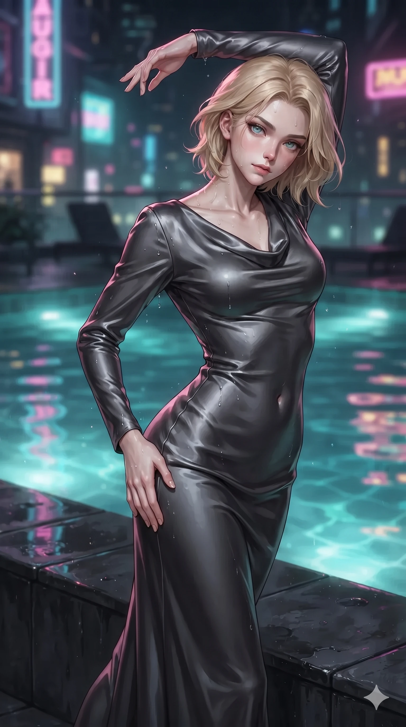 score_9, masterpiece, best quality, ultra-detailed, high-budget anime keyframe, editorial fashion photography, tasteful artistic composition, Caucasian woman. close-up cowboy shot from the waist and thighs up, the character dominates the composition, filling the frame with her large presence. arching her spine backward with effortless dancer poise, one hand sliding along her hip line as directional light carves specular highlights along her silhouette while twisting her slender torso in an alluring S-curve on the wet basalt ledge, glowing turquoise pool illumination and neon reflections tracing her silhouette. The surrounding environment is rendered in vivid detail and crisp panoramic clarity: detailed wet-look silk wrap tailoring, fine mesh accents, and architectural rooftop infinity pool design in razor-sharp clarity. She has an exceptionally elegant, slender, and willowy female figure with an ultra-slim waist, flat toned midriff, narrow ribcage, and sculpted feminine hips creating an alluring, slim hourglass silhouette without bulk. sharp v-shaped jawline, high-bridge nose, intricate jewel-like sparkling eyes with depth, thick eyelashes, glossy parted lips with a natural sheen, intensely captivating and seductive bedroom-eyes expression, exuding both youthful cute charm and sovereign luxury allure, flawlessly proportioned anatomical accuracy, strict slender model proportions, natural body alignment, perfectly sculpted long slender limbs, ultra-slim waistline, clean dynamic posture without body distortion. wearing a modest long-sleeve cowl-neck satin column gown draping gracefully to the floor with aristocratic poise in charcoal grey and polished chrome, crafted from bespoke double-faced cashmere with an exceptionally soft tactile finish, finished with sleek jade frog closures glinting along her high collar, the impeccably tailored cut draping gracefully along her slender figure with aristocratic poise. illuminated by water surface ripple reflections and sharp turquoise-amber rim lights carving her sculpted collarbones, ultra-slim waist, and curvy hips. ultra-reflective glossy finish, specular highlights, rich textural contrasts, high-contrast stereoscopic depth, volumetric dynamic lighting, 2k, ultra detail, master piece, 9:16 ratio