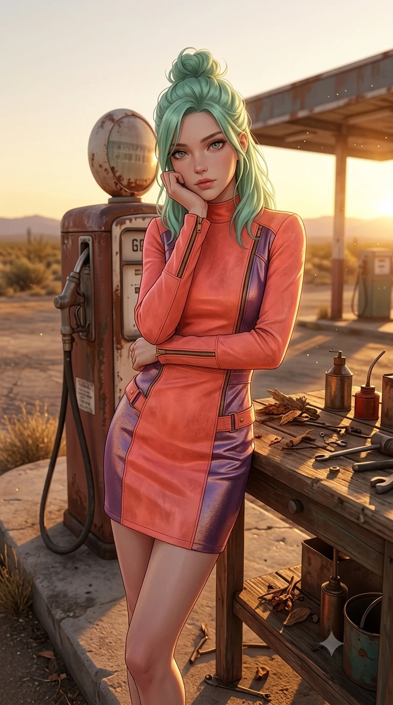 score_9, masterpiece, best quality, ultra-detailed, high-budget anime keyframe, semi-realistic 3D game render, editorial fashion photography, tasteful artistic composition, Japanese woman. close-up cowboy shot from the waist and thighs up, the character dominates the composition, filling the frame with her large presence. resting one elbow on the workbench and supporting her chin, leaning close to the camera with heavy-lidded sparkling eyes and parted lips while twisting her slender torso in an alluring contrapposto stance beside the pump island, golden sunset dust motes dancing across her flat midriff and curvy hips. The surrounding environment is rendered in vivid detail and crisp panoramic clarity: sharp weathered chrome pump dials with peeling enamel, cracked asphalt expansion seams, and peeling paint texture on canopy pillars in deep focus. She has an exceptionally elegant, slender, and willowy female figure with an ultra-slim waist, flat toned midriff, narrow ribcage, and sculpted feminine hips creating an alluring, slim hourglass silhouette without bulk. sharp v-shaped jawline, high-bridge nose, sparkling eyes with hypnotic seductive depth, thick curled eyelashes, glossy parted lips with a natural dewy peach sheen, alluring bedroom-eyes with an enchanting coquettish smile, exuding magnetic siren charisma and sophisticated glamour, flawlessly proportioned anatomical accuracy, strict slender model proportions, natural body alignment, perfectly sculpted long slender limbs, ultra-slim waistline, clean dynamic posture without body distortion. wearing a modest long-sleeve suede desert shift dress with high neckline and geometric leather stitching in blazing neon coral and desert twilight violet, crafted from luxurious metallic lamé that shifts radiance with every step, finished with sleek heavy-duty brass zip pulls and buckled moto straps, the bespoke structured tailoring following the natural line of her 8.5-heads silhouette with refined elegance. illuminated by asphalt reflection bounce and sharp golden-bronze rim lighting defining her jawline, flat midriff, and voluptuous hip curves. highly saturated vibrant anime colors, detailed shading with soft gradients, rich glossy textures, high-contrast stereoscopic depth, volumetric dynamic lighting, master piece, 9:16 ratio